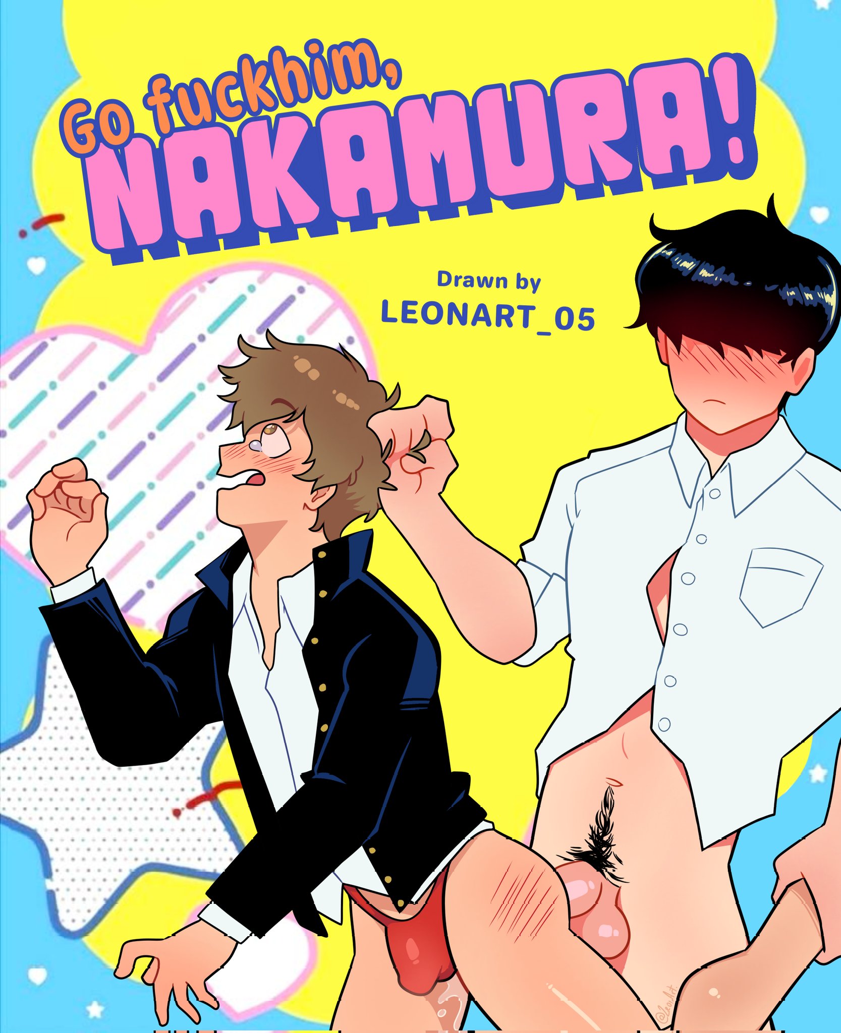 abs, balls, big penis, bigger male, black hair, blushing, brown hair, bulge, dick, ganbare! nakamura-kun!!, gay, gay sex, go for it nakamura, go for it, nakamura-kun!!, hair pulling, hairy balls, hirose aiki, leonelart, male, male only, male/male, nakamura okuto, naked, no pants, no te rindas nakamura!!, penetration, underwear, yaoi