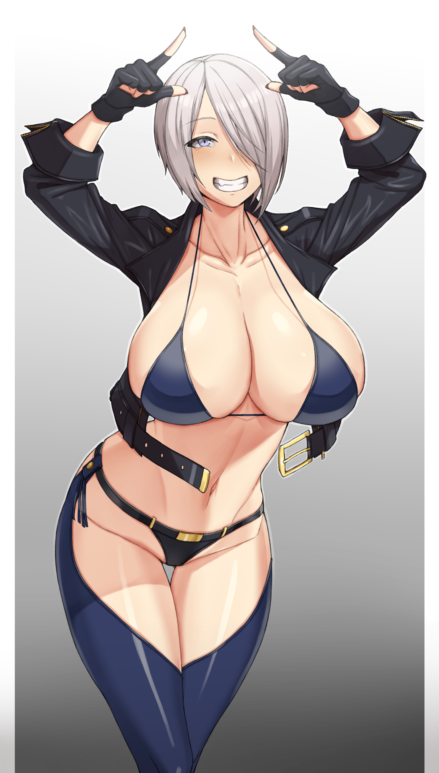 1girls, 2021, angel (kof), arms up, assless chaps, barely contained, bikini, bikini top, black jacket, black panties, blue eyes, breasts, chaps, cropped jacket, female, female focus, female only, gesture, grin, hair over one eye, handplug, hi res, huge breasts, king of fighters, leaning forward, looking at viewer, panties, short hair, sideboob, slim waist, smile, smiling at viewer, snk, thick thighs, thigh gap, thighs, white hair, wide hips, wrestler