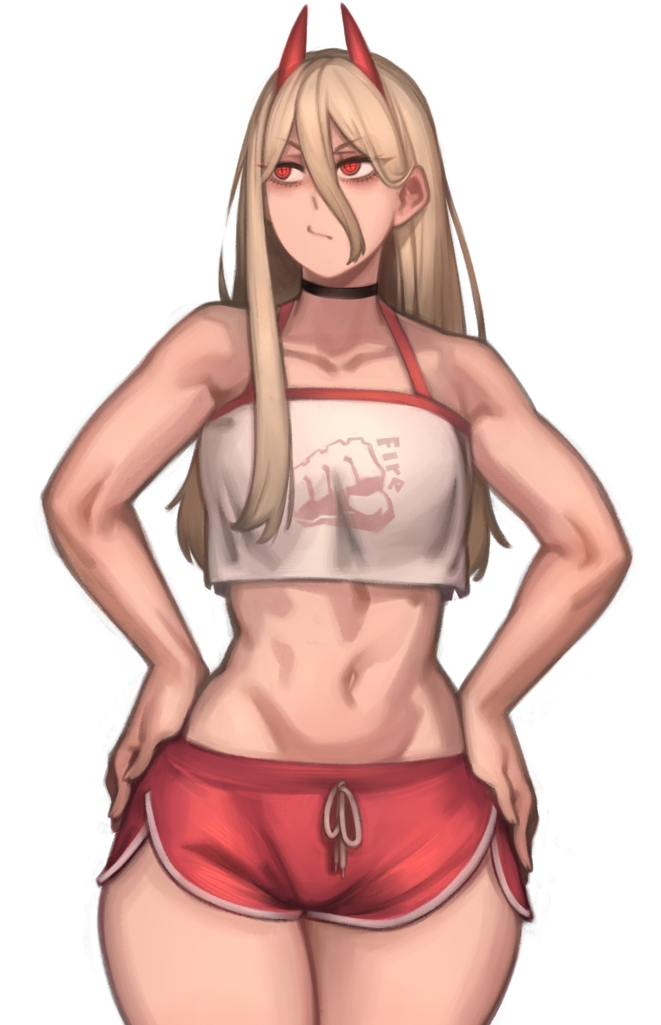 booty shorts, chainsaw man, crop top, curvy, curvy female, demon, female, female only, hand on hip, horns, kelvin hiu, power (chainsaw man), red eyes, thick thighs