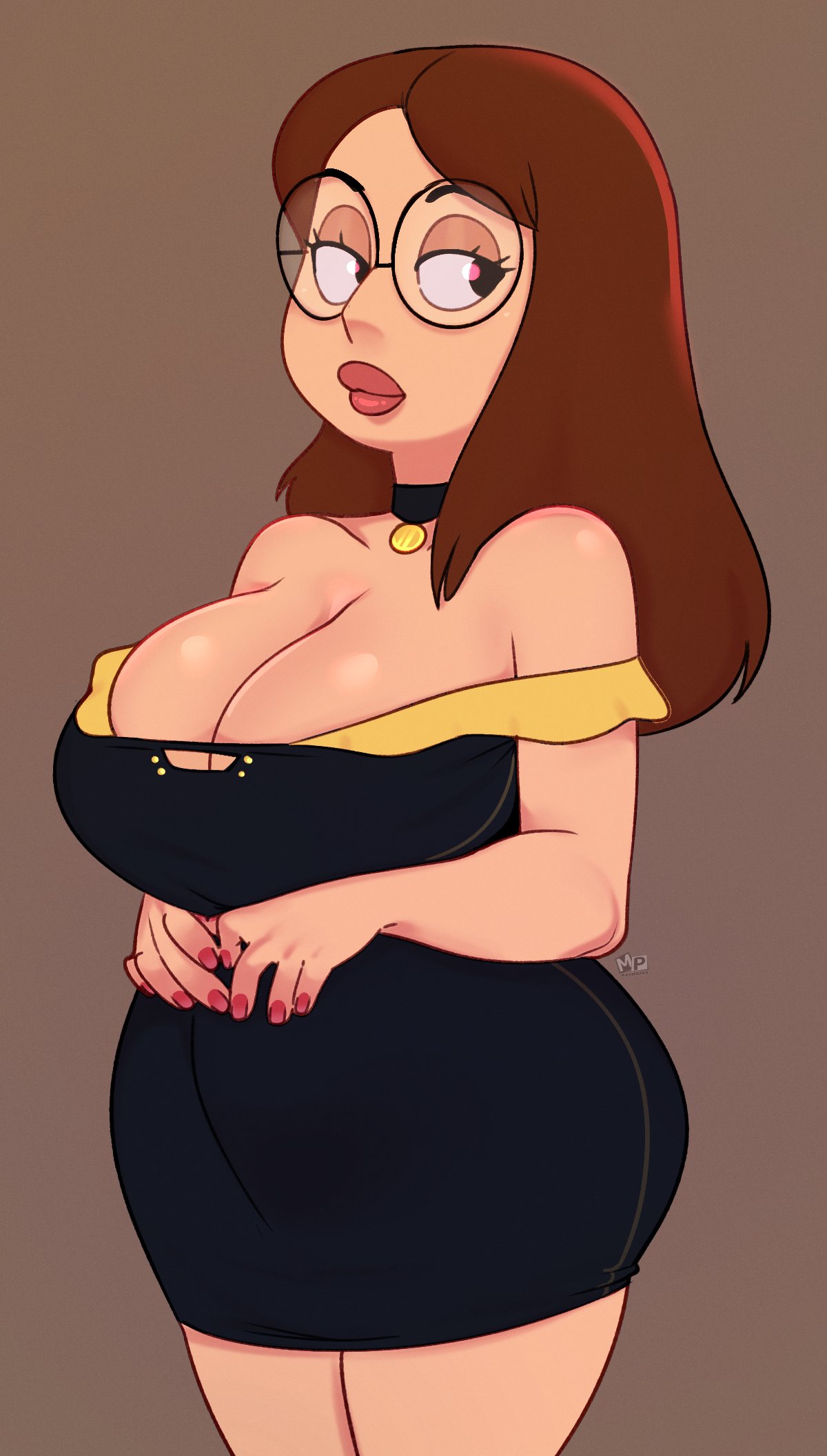 1girls 2d alternate_breast_size alternate_hair_length bare_shoulders breasts brown_hair choker cleavage clothed curvy dress family_guy female female_only fingernails glasses highres hourglass_figure large_breasts light-skinned_female light_skin long_hair looking_away mahmapuu meg_griffin nail_polish pale-skinned_female pale_skin plain_background red_nails round_glasses simple_background solid_color_background solo thick_lips watermark wide_hips