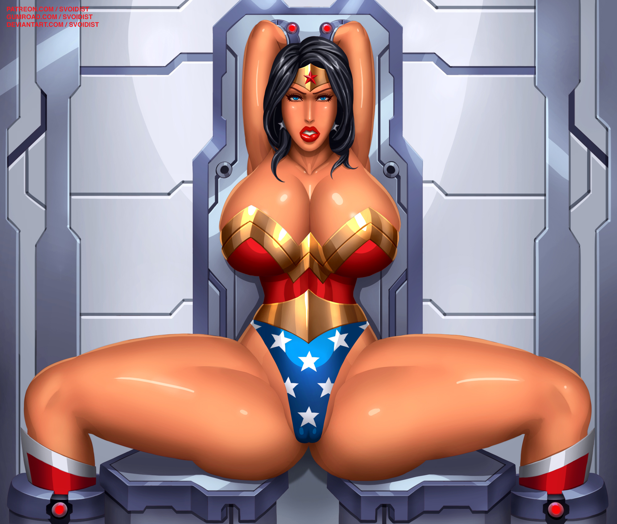1girls, amazon, armpits, arms above head, black hair, blue eyes, bondage, bondage chair, boots, bound, bound arms, bound legs, breasts, cameltoe, cleavage, dc, dc comics, defeated, female, femsub, hi res, hourglass figure, huge breasts, indoors, leotard, looking at viewer, pussy, shiny skin, sitting, solo, solo focus, spread legs, svoidist, thick thighs, tiara, wonder woman, wonder woman (series)