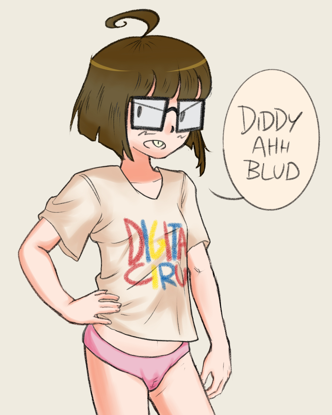 ahoge, blush, brown hair, buckteeth, cameltoe, dialogue, ethicalgooner2007 (kryptraider), glasses, nerdy female, panties, simoartnprints, small breasts, tagme, text