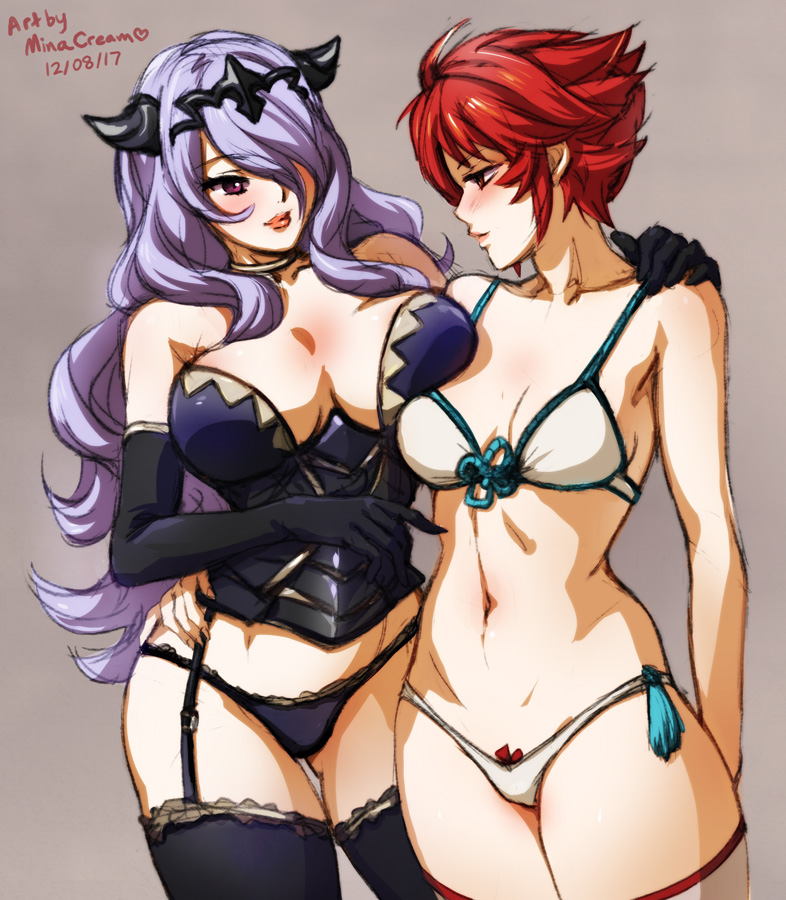 2017, 2girls, bare shoulders, bare thighs, black panties, blush, breasts, camilla (fire emblem), elbow gloves, female, female only, fire emblem, fire emblem fates, garter belt, gloves, hair over one eye, hinoka (fire emblem), horns, hug, large breasts, lips, long purple hair, medium breasts, minacream, multiple females, multiple girls, nintendo, panties, pointing, purple eyes, purple hair, red eyes, red hair, short hair, short red hair, thighhighs, underwear, very long hair, very short hair, violet eyes, wavy hair, white panties, yuri