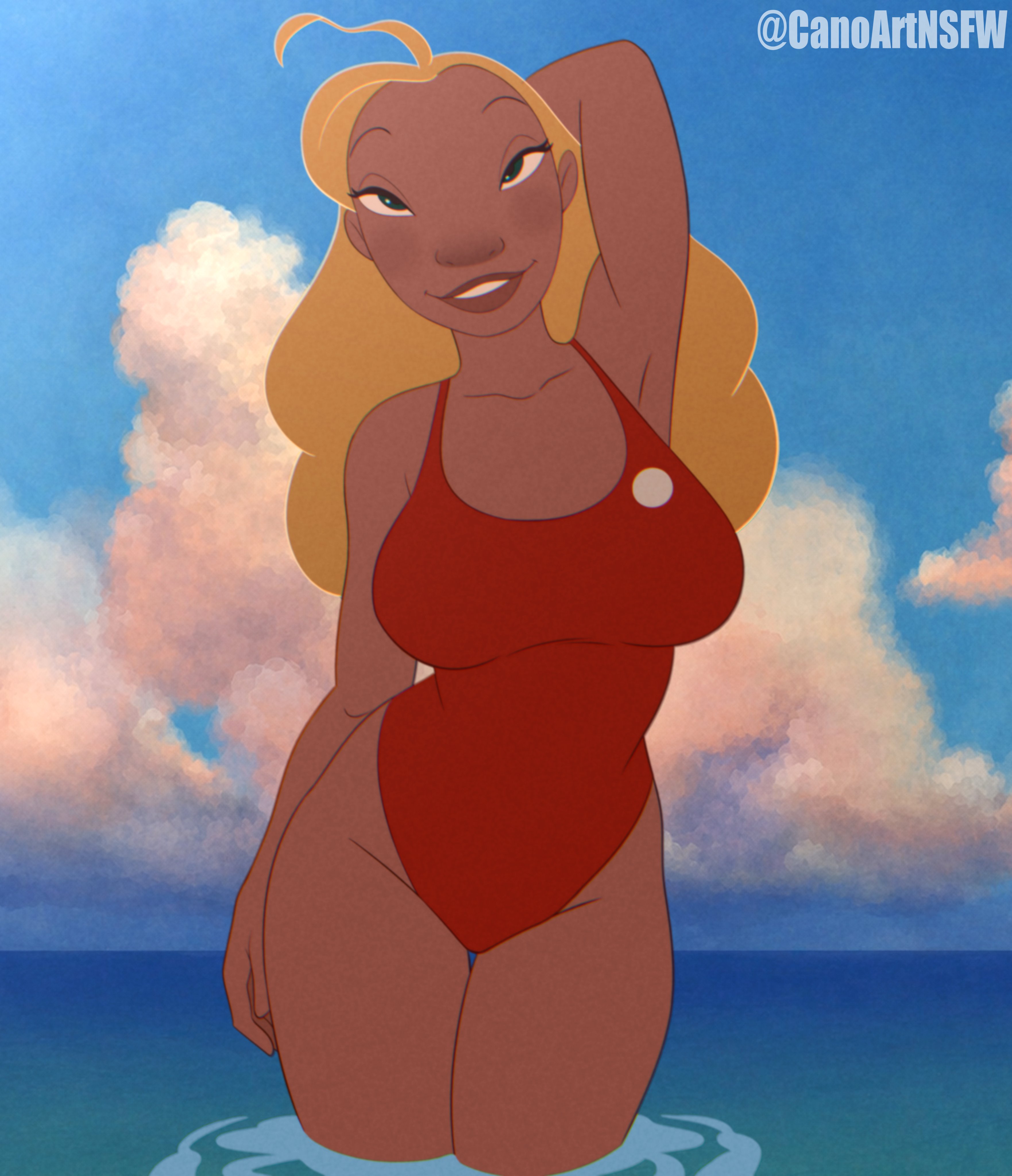 1girls, alani (lilo and stitch), big breasts, blonde hair, breasts, canoartnsfw, disney, female, female only, green eyes, hair, hand behind head, hips, lifeguard, lifeguard (lilo and stitch), lifeguard swimsuit, lilo and stitch, lips, long hair, red swimsuit, seductive, seductive look, solo, solo female, swimsuit, swimwear, thick lips, thighs, water, wide hips