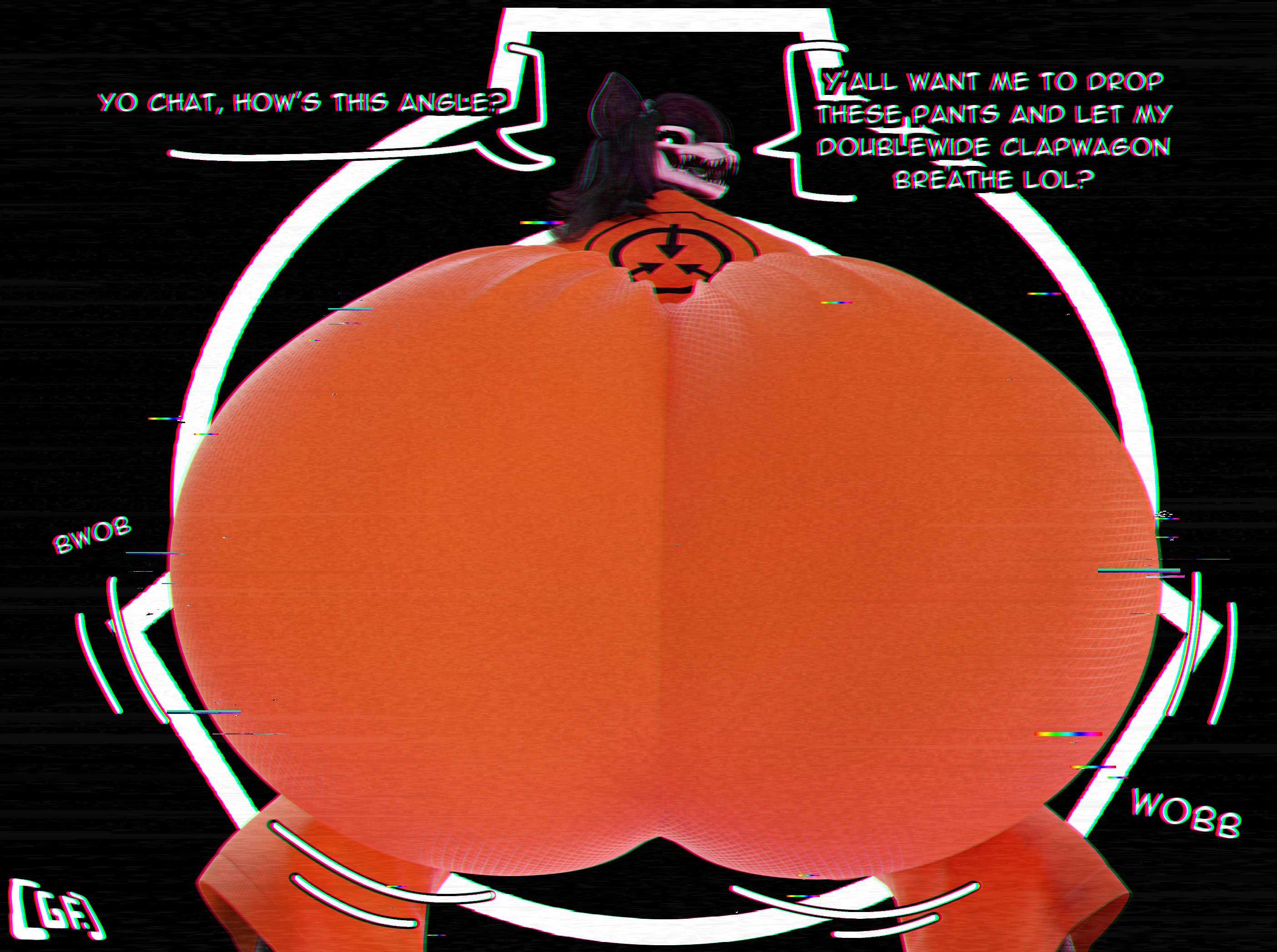 1girl, 3d, 3d (artwork), ass, ass bigger than head, ass focus, big ass, big butt, big butt (female), black body, butt focus, canine, clothing, dirty talk, english text, fat ass, fat thighs, female, female ass, female ass focus, female butt, female only, fully clothed, furry, furry female, furry only, ghostfuckrr, highres, huge ass, huge thighs, hyper ass, jumpsuit, looking at viewer, looking back, looking back at viewer, mal0, mal0 (species), malo, monster, monster girl, no genitals, no sex, nonhuman, onomatopoeia, presenting hindquarters, prison uniform, scp foundation, scp-1471, scp-1471-a, scp-1471-a (scrag), scrag boy (model), skin tight suit, skull mask, solo, solo female, talking, talking to viewer, text, thick thighs, thighs, uniform