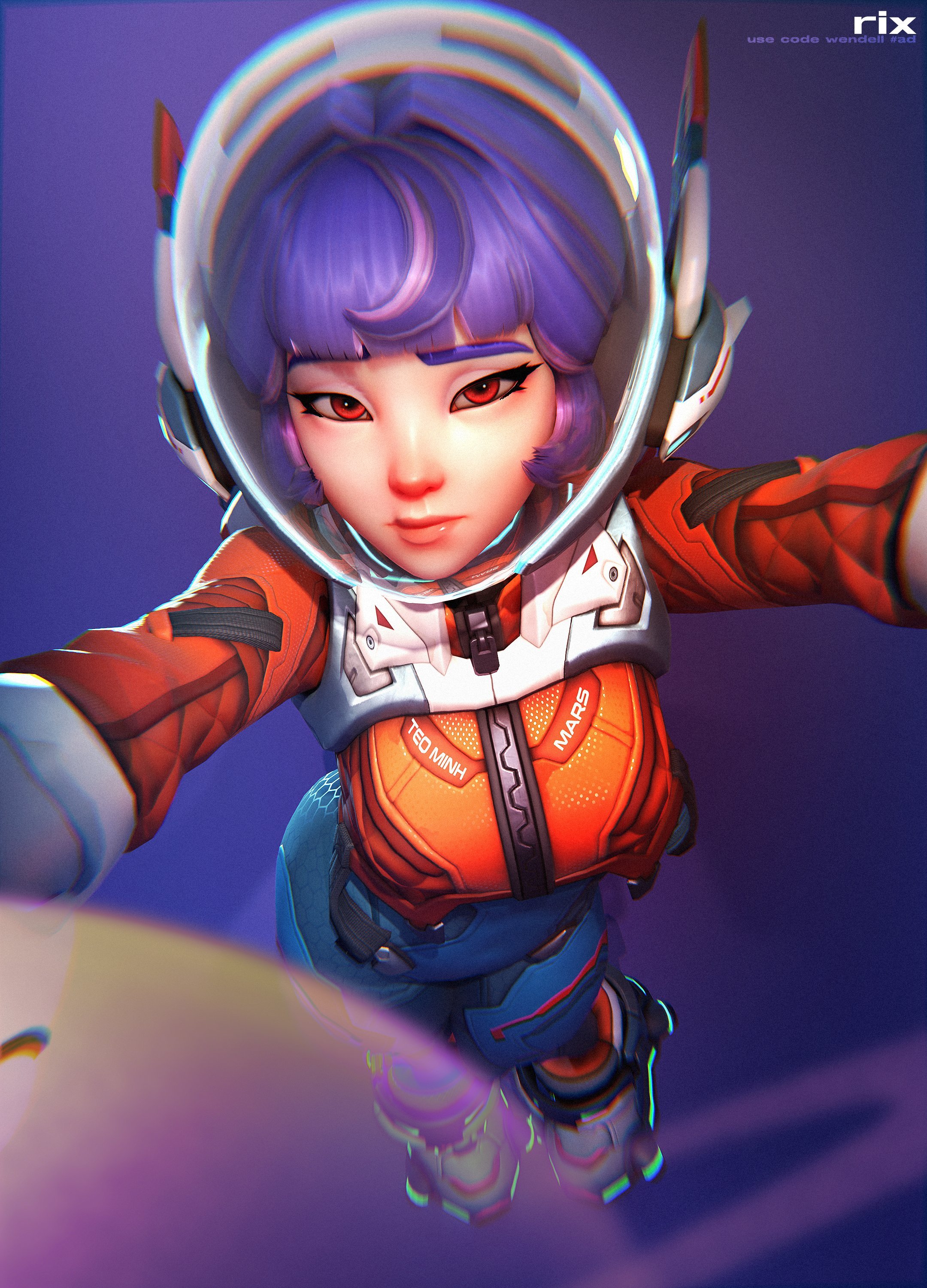 1girls, 3d, ass, bodysuit, juno (overwatch), light skin, light-skinned female, looking at viewer, overwatch, overwatch 2, purple hair, spacesuit, thick thighs, thighs