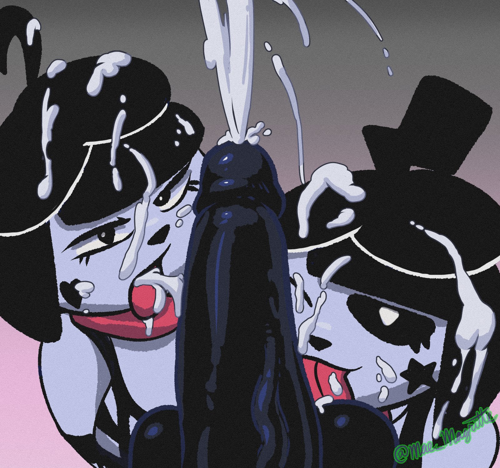 1boy, 2girls, bonbon (derpixon), chuchu (derpixon), collaborative fellatio, covered in cum, cum, erect penis, fellatio, female, mae magritte (artist), male, mime, mime and dash, mime girl, multiple females, multiple girls, oral, penis, tagme, teamwork