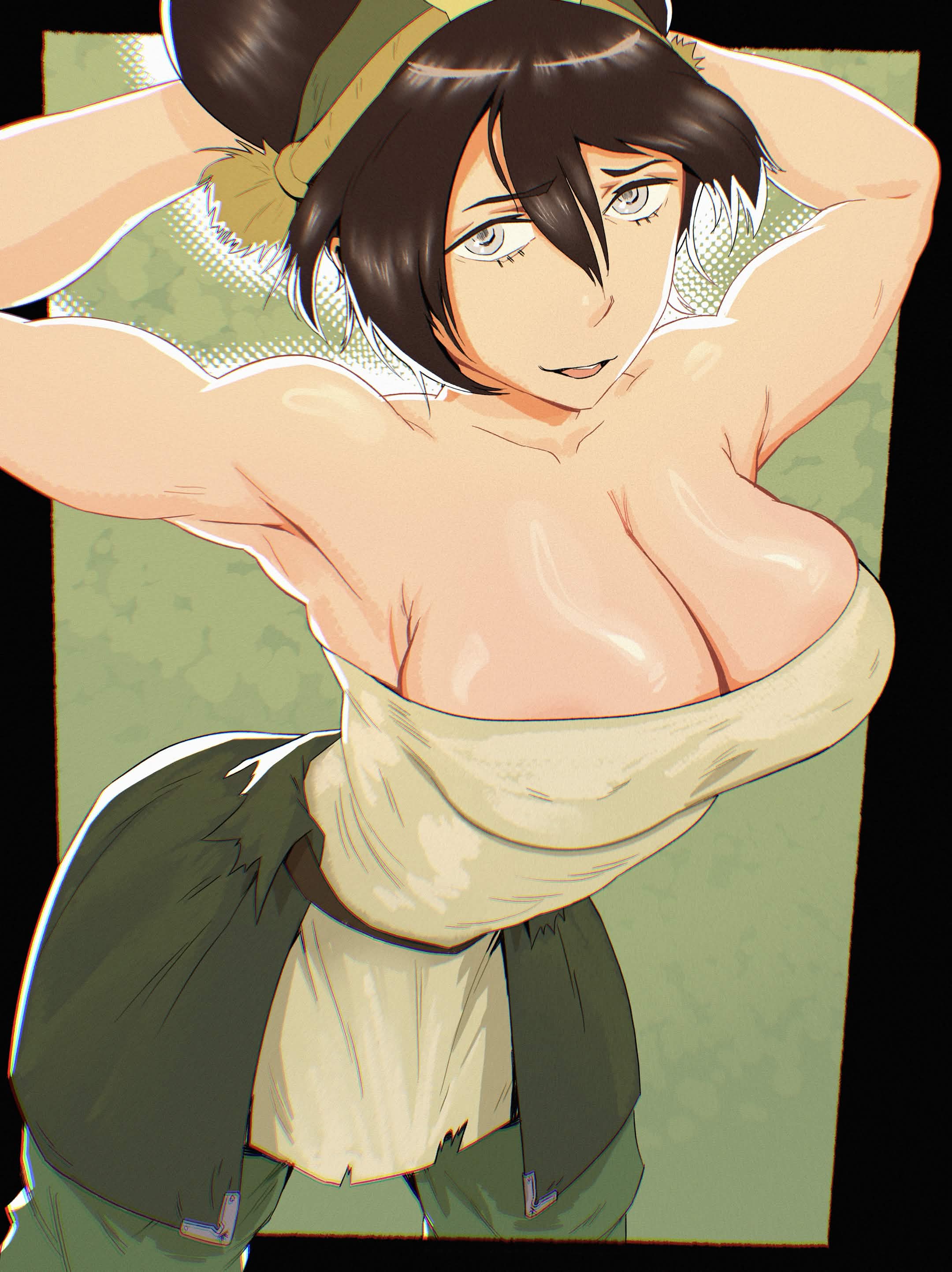 1girls, alternate version available, armpits, arms behind head, avatar the last airbender, big breasts, black hair, blind, breasts, cleavage, clothing, dress, female, female only, green dress, hair, hair ornament, headwear, hips, kryptid, solo, solo female, the legend of aang, toph bei fong