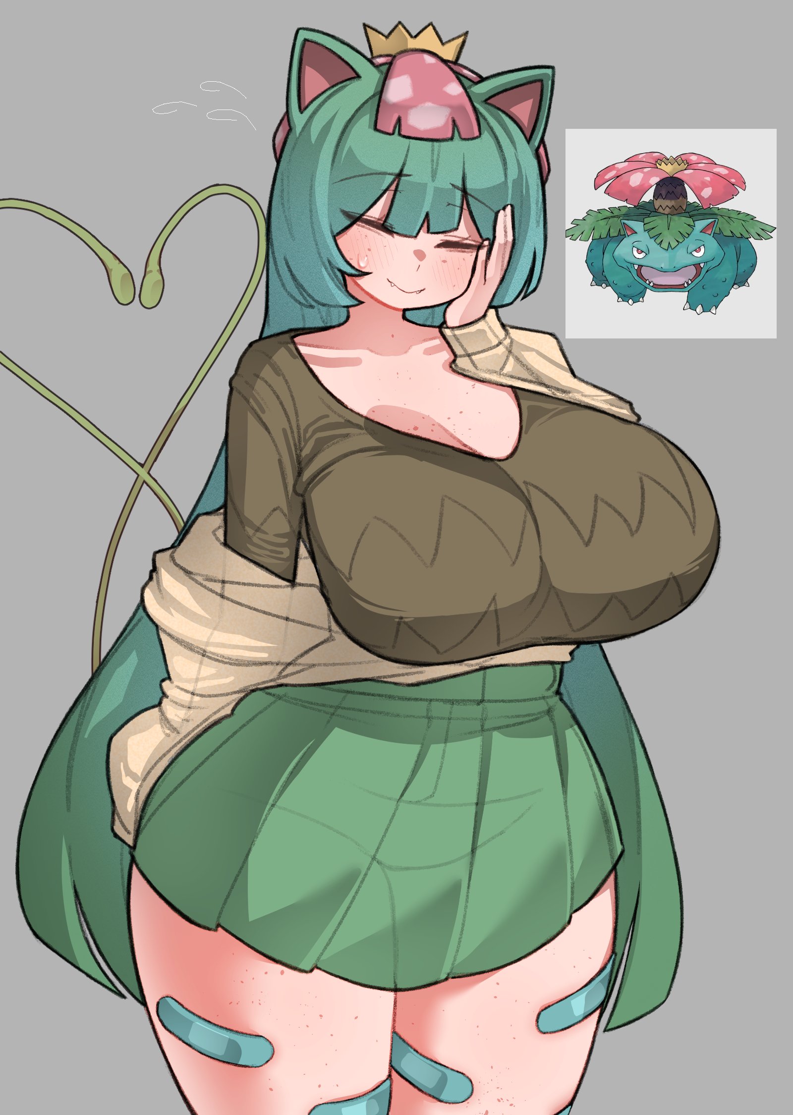 artist request, bandage, blush, breasts, cleavage, closed eyes, flower, flower in hair, freckles, fushigibana, green hair, hand behind back, hand on face, humanoid, large breasts, long hair, poco a pokemon, pokemon, pokemon (species), pokopia, shirt, skirt, slim waist, sweat, sweatdrop, sweater, tagme, tagme (artist), thick thighs, tight clothing, venusaur, wide hips