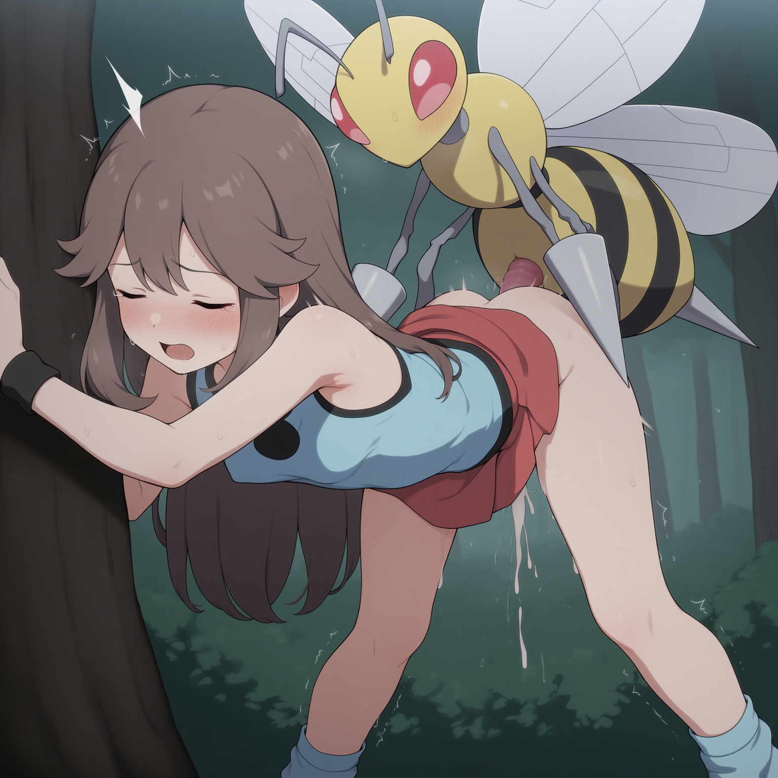 1boy, 1girls, against tree, ai generated, beedrill, bent over, blush, brown hair, closed eyes, clothed sex, cum, cum inside, leaf (pokemon), outdoors, parkinson (ai artist), partially clothed, pokemon, pokemon frlg, pokephilia, pussy juice, sex, sex from behind, skirt, skirt lift, skirt up, sweat, tears