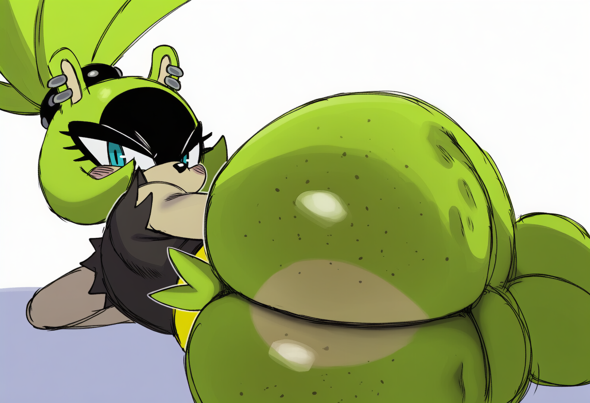 1girls, ai generated, anthro, ass, ass focus, big ass, black shirt, blue eyes, clothing, dumptruck ass, ear piercing, enormous ass, eyelashes, fat ass, female, female only, furry, furry female, furry only, green fur, huge ass, kiwispinda, large ass, looking at viewer, lying on side, mammal, massive ass, mature, mature female, plump ass, sega, shirt, solo, solo female, solo focus, sonic (series), sonic the hedgehog (series), surge the tenrec, tail, tenrec, thick ass, white background, yellowskittlezz