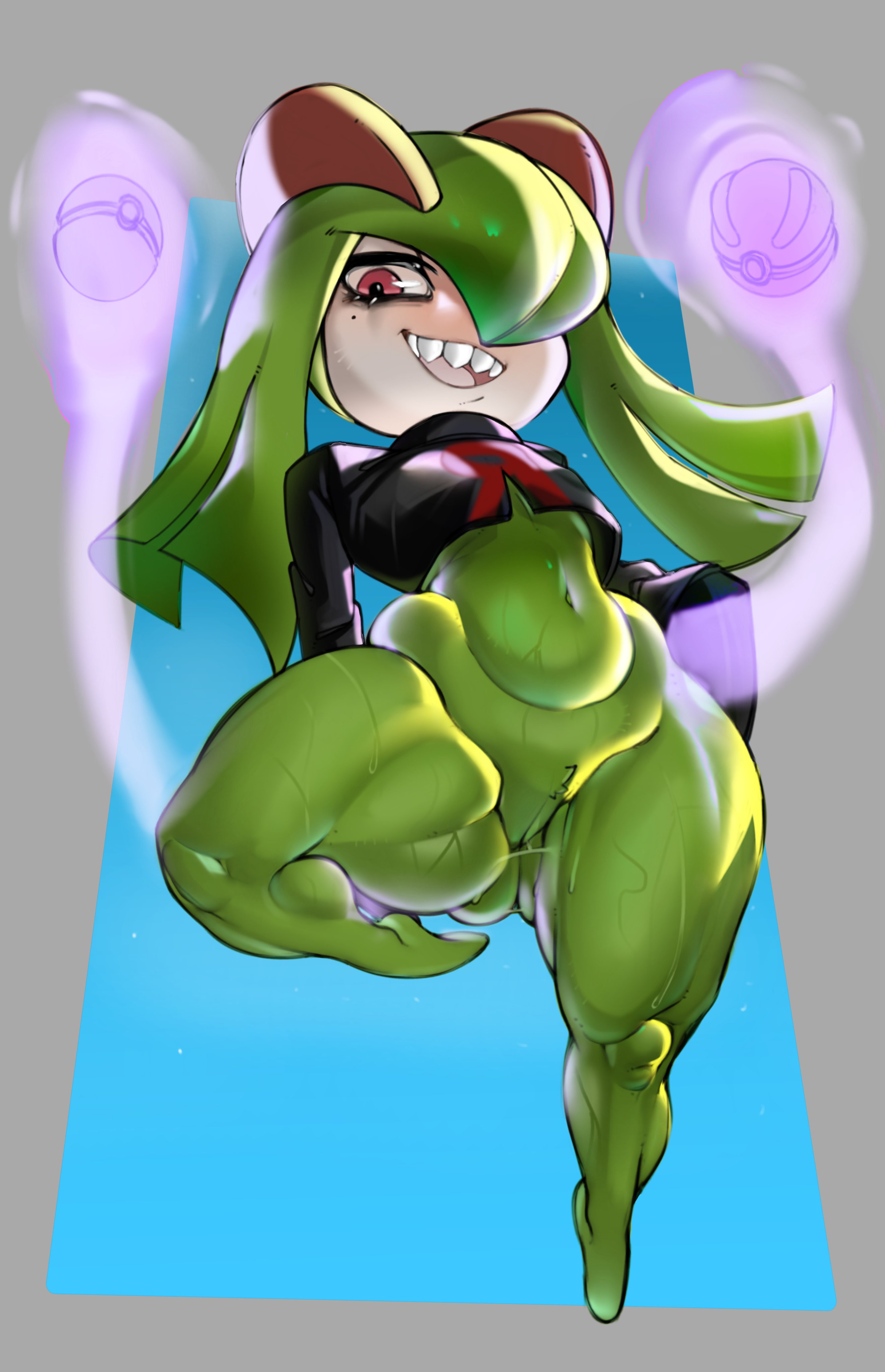 1girls, kirlia, looking back, lovelymobcorp, moblovelycorp, pokemon, pokemon (species), sharp teeth, team rocket, team rocket uniform