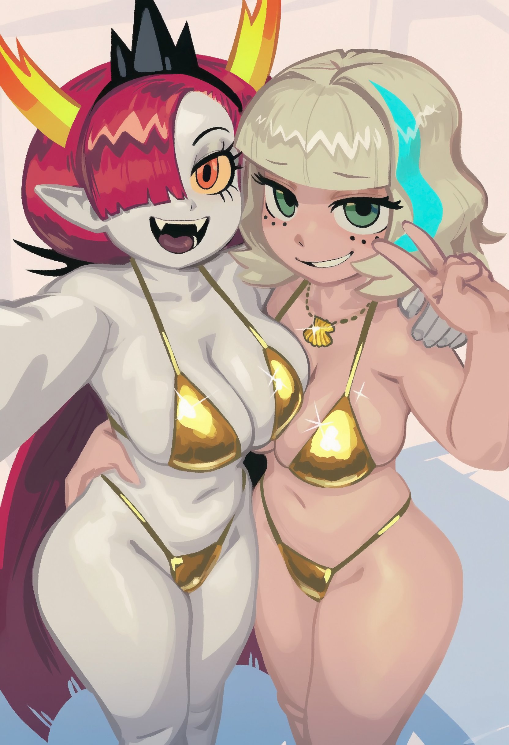 2girls, big breasts, bikini, blonde hair, busty, child bearing hips, cleavage, female, female only, golden bikini, golden week, grin, hekapoo, hi res, jackie lynn thomas, large breasts, legs, losforry custom, navel, open mouth, red hair, short hair, sideboob, star vs the forces of evil, thick thighs, thighs, thong bikini, two-tone hair