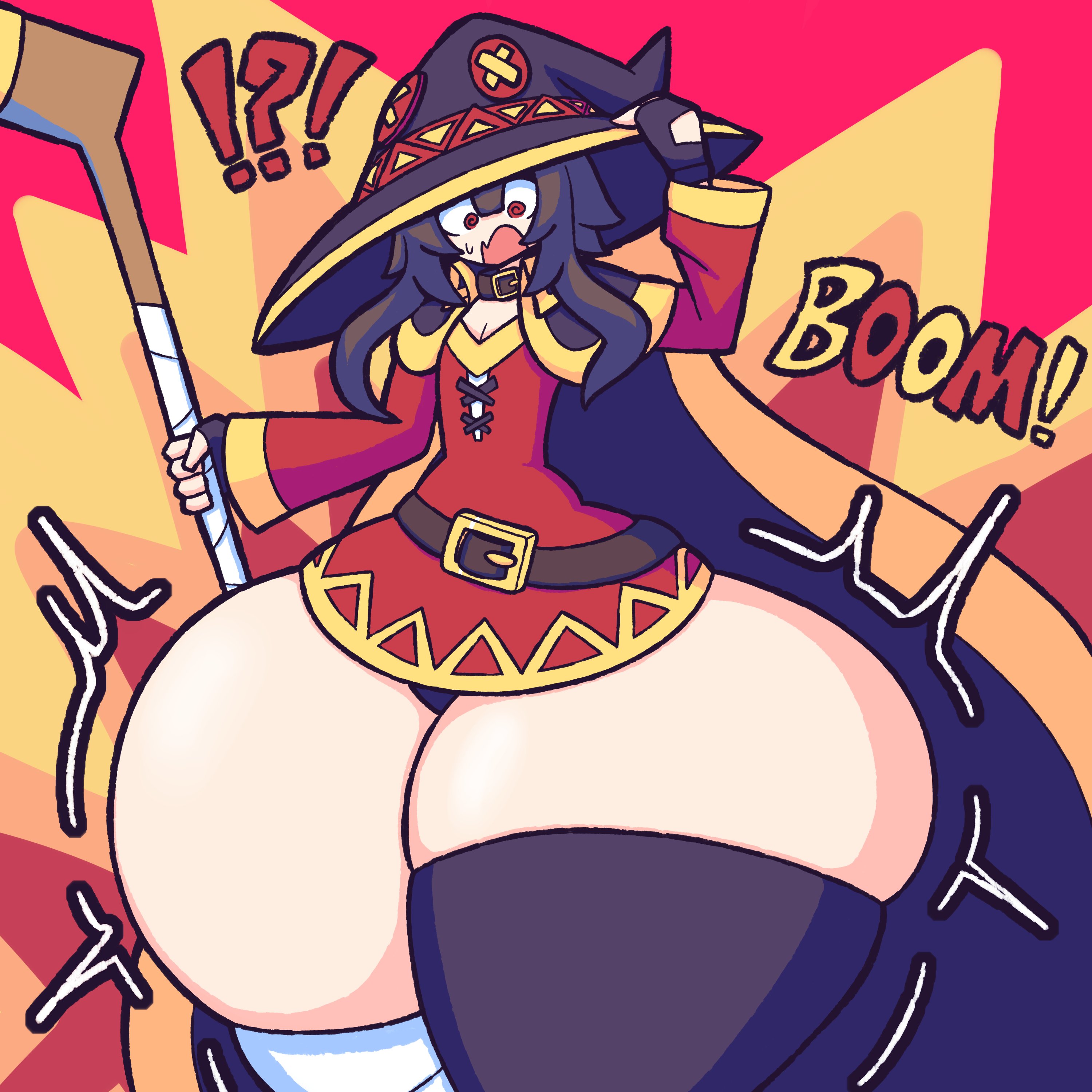 1girls, bottom heavy, brown hair, clothed, female, female only, flat chest, gensin, hyper, hyper hips, hyper thighs, kono subarashii sekai ni shukufuku wo!, megumin, red eyes, shocked, shocked expression, slim waist, small breasts, thick thighs, thigh expansion, thighhighs, thighs, wide hips, wide thighs