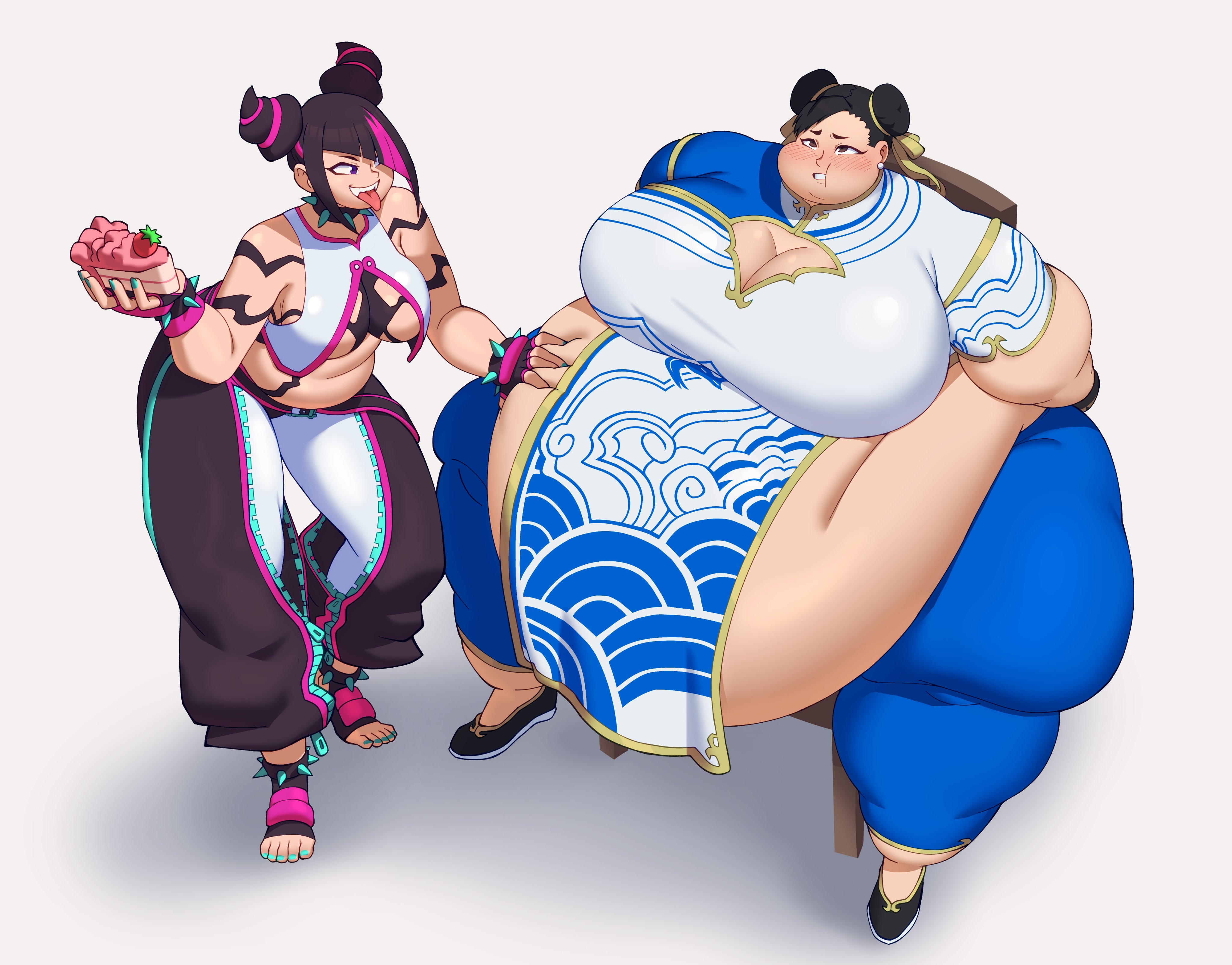 2girls, alguien9955, alternate body type, asymmetrical hair, belly, black hair, blush, cake, capcom, chinese clothes, choker, chubby, chun-li, cleavage, clenched teeth, crazy eyes, crazy smile, double chin, earring, fat, fat arms, fat face, fat fetish, fat legs, force feeding, gigantic ass, gigantic belly, gigantic thighs, hair bun, hand on belly, huge breasts, inner sideboob, juri han, multicolored hair, obese, pink hair, sitting, spiked collar, strawberry, street fighter, street fighter 6, tied up, toeless legwear, toes, tongue out, weight gain, yuri