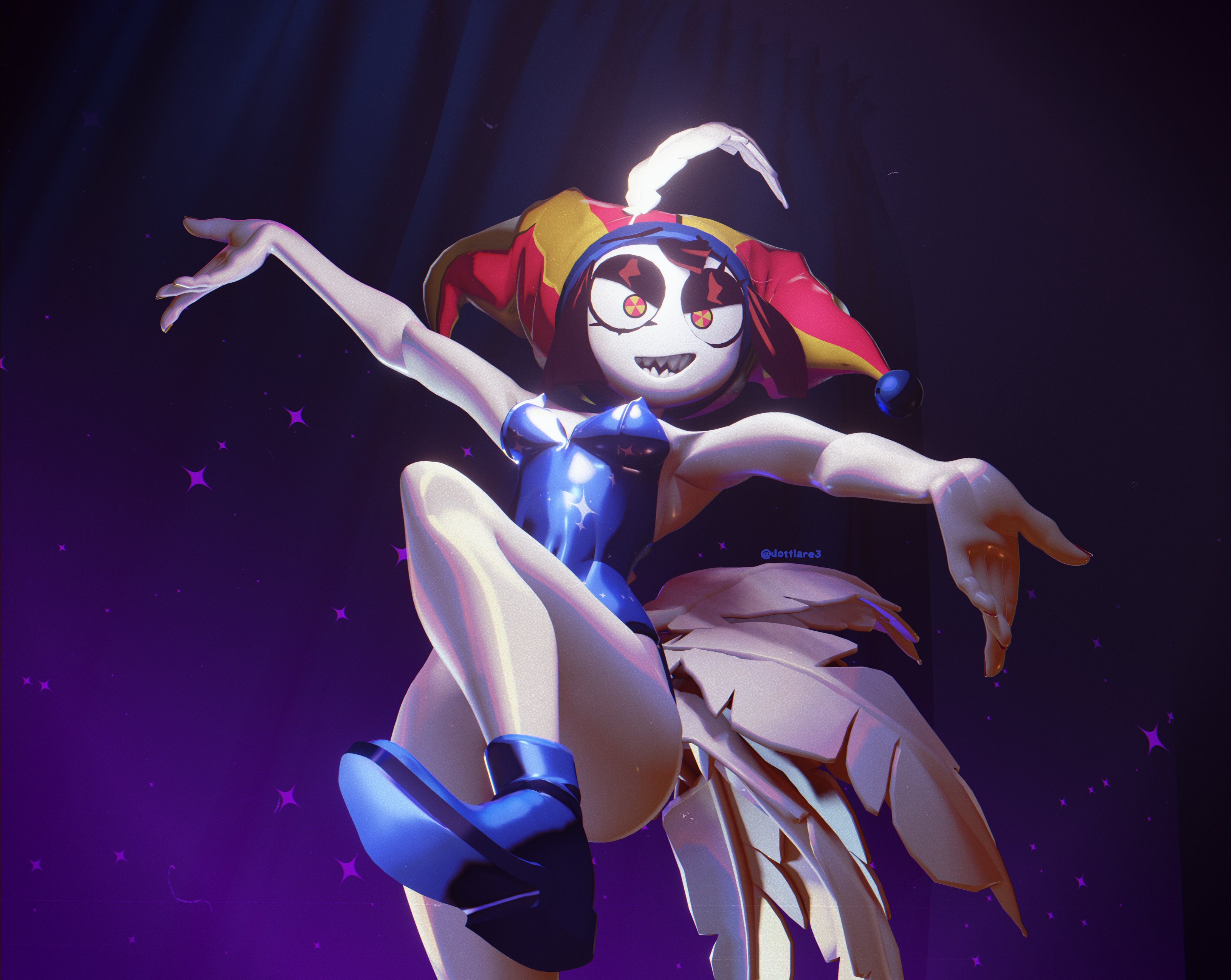 3d, black hair, bodysuit, breasts, dorfloor3, dotflare, evil pomni (the amazing digital circus), fit, fit female, footwear, jester, jester hat, legs up, looking at viewer, looking down, multicolored eyes, pomni (dorfloor3), pomni (the amazing digital circus), posing, sharp teeth, short hair, slim waist, smile, solo, tagme, the amazing digital circus, thick thighs, tight clothing, viewed from below, voluptuous, white body, wide hips