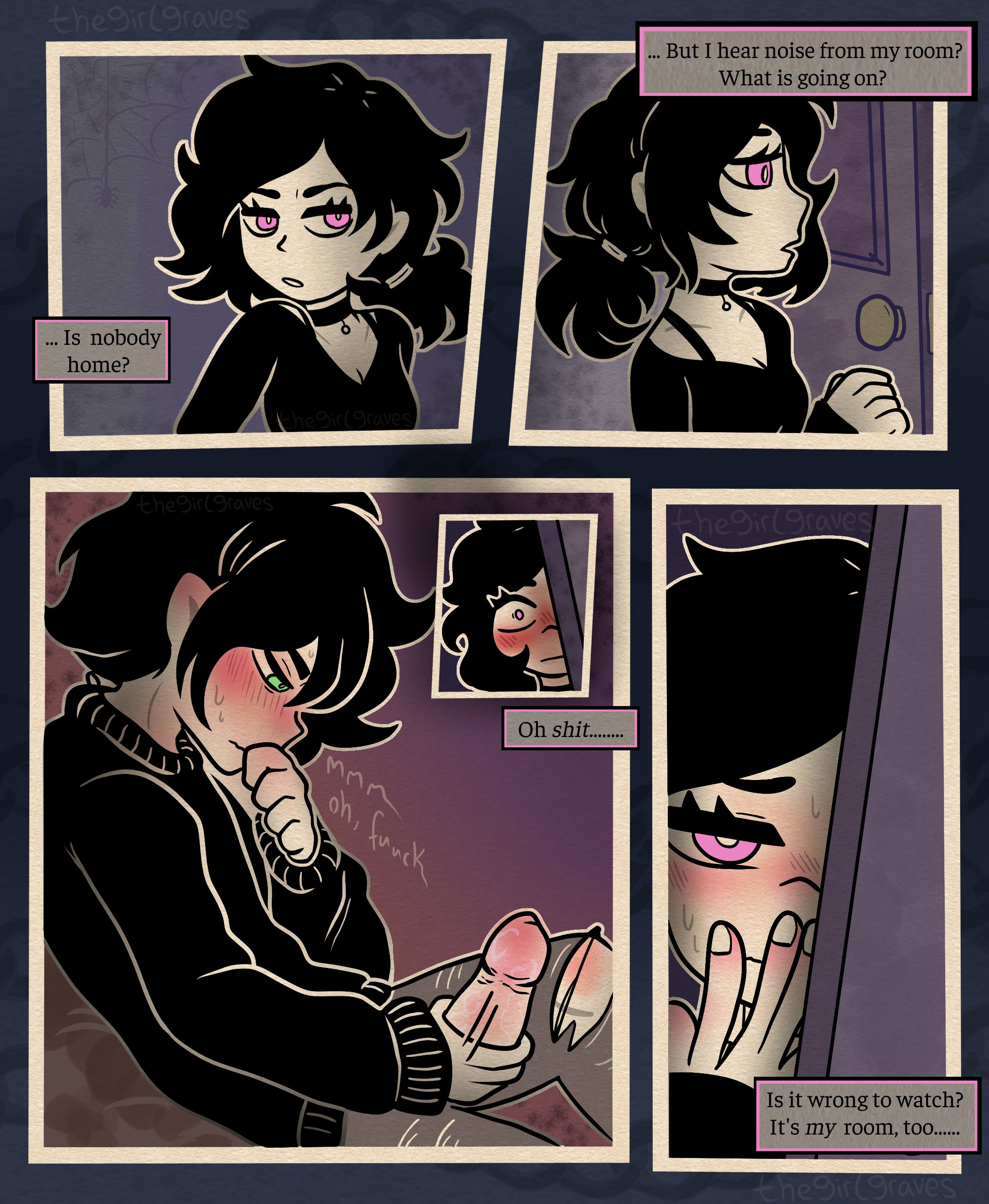 1boy, 1girls, 2d, alternate version available, andrew graves, ashley graves, being watched, black hair, blush, brother and sister, caught, caught by sister, caught masturbating, clothed, dialogue, english text, female, green eyes, incest, male, male masturbation, masturbation, peeping, penis, pink eyes, siblings, spying, straight, the coffin of andy and leyley, thegirlgraves, voyeur, voyeurism, watching, watching masturbation