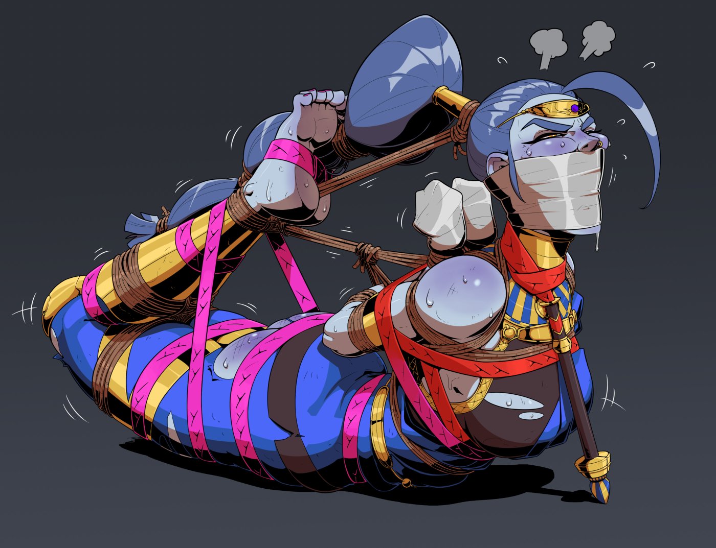 1girls, ahoge, arms behind back, arms tied behind back, blue skin, bondage, bound, bound arms, bound legs, colored skin, feet, female, female only, gag, gagged, greek clothes, hades (game), hair pulled back, hair tubes, high ponytail, hogtie, jewelry, megaera (hades), on stomach, one eye closed, ponytail, restrained, rope bondage, skelebomb, solo, spanked, tape, tape gag, taped hands, taped mouth, tiara, tied up, toenail polish, toes, torn clothes, whip