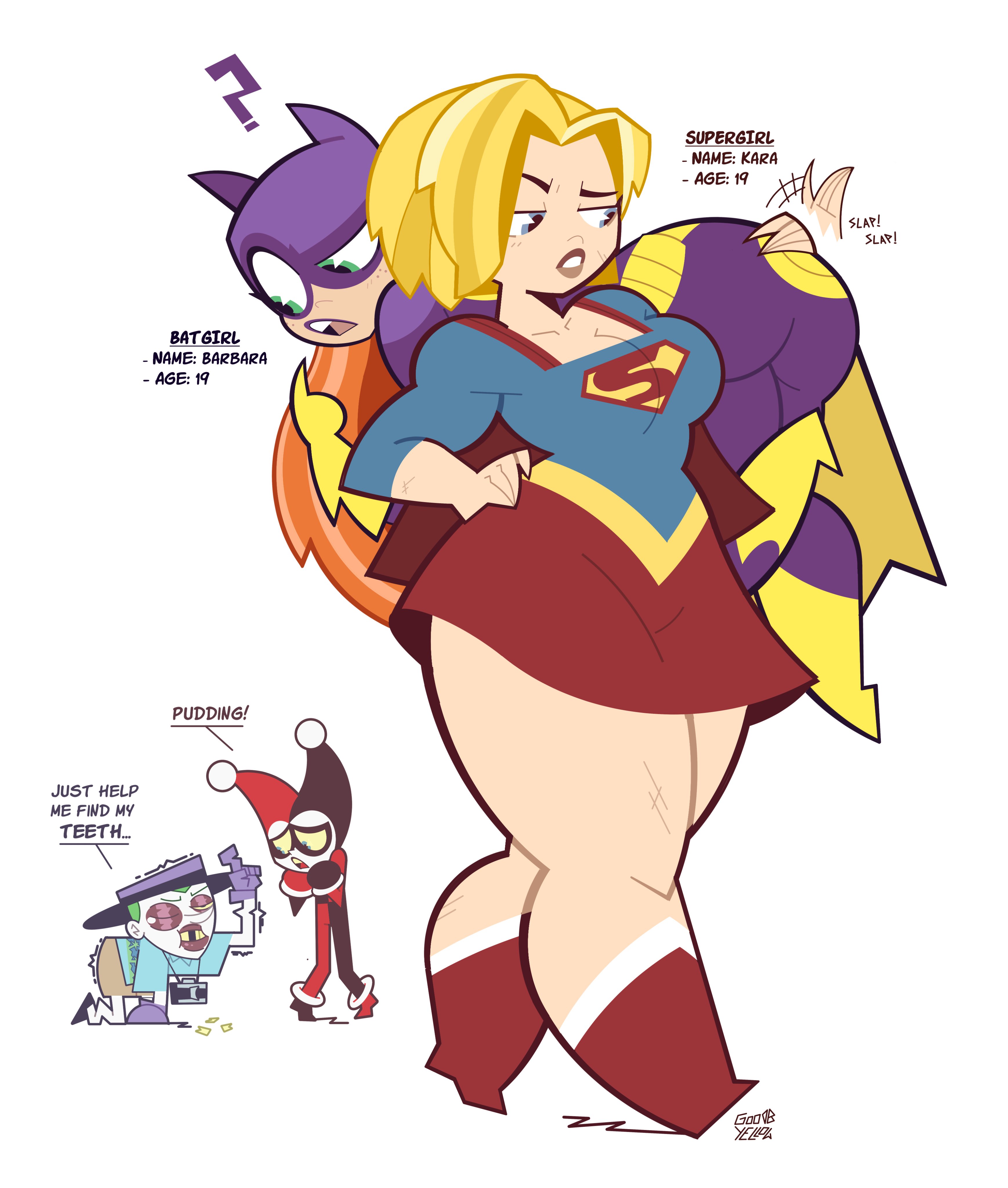 ?, 1boy, 1boy3girls, 2020s, 2026, 2026s, 3girls, 3girls1boy, barbara gordon, barbara gordon (shg), batgirl, batgirl (barbara gordon), dc, dc comics, dc super hero girls, digital drawing (artwork), digital media (artwork), english text, female, goodbyellow, harley quinn, harley quinn (classic), harley quinn (shg), hi res, highres, jester, jester girl, jester outfit, joker, jpg, kara danvers, kara danvers (shg), kara zor-el, kryptonian, patting ass, patting butt, princess carry, simple background, solo female, super heroine, supergirl, superhero, superheroine, superman (series), text, the joker, thick thighs, thunder thighs, thunderthighs, voluptuous, voluptuous body, voluptuous female, white background, yuri