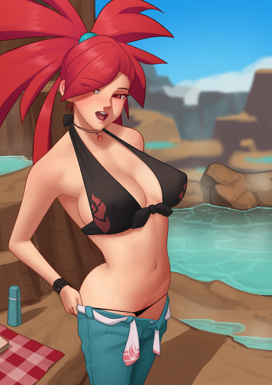 1girls bikini black_bikini blush deilan12 eyebrows_visible_through_hair eyelashes_visible_through_hair flannery_(pokemon) flannery_(pokemon_oras) gym_leader hot_spring necklace nintendo pants picnic picnic_blanket pokemon pokemon_oras pokemon_rse pulling_down_pants red_eyes red_hair steam taking_clothes_off