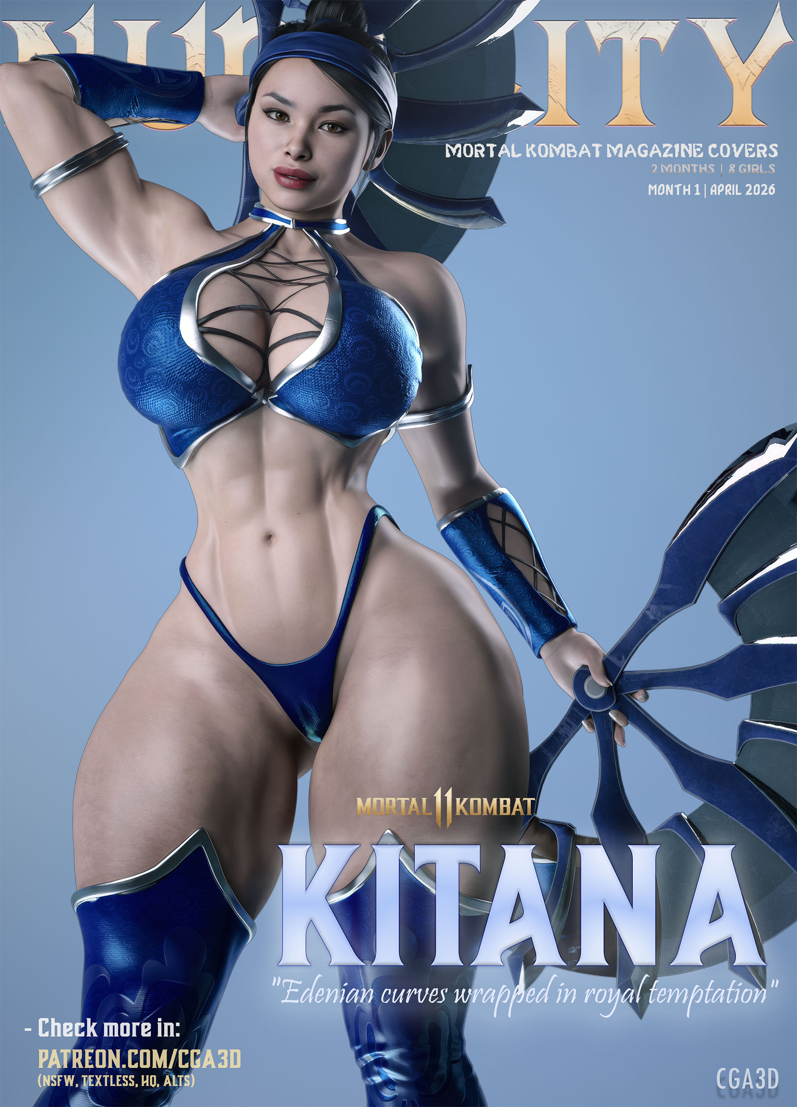 1girls, 3d, 3d (artwork), abs, alluring, ass, assassin, athletic, athletic female, big ass, big breasts, big butt, big thighs, bikini, black hair, breasts, brown hair, bubble butt, busty, cga3d, cleavage, curvaceous, curvy, curvy female, curvy figure, daz studio, edenian, erotichris, fan, female, female abs, female only, fit, fit female, fully clothed, hips, hourglass figure, huge breasts, kitana, kitana (mk11), kitana (mk9), kneehighs, kunoichi, large breasts, large thighs, magazine, magazine cover, mask, masked, masked female, mortal kombat, mortal kombat (2011), mortal kombat 11, netherrealm studios, ninja, patreon username, pose, posing, princess, solo, solo female, tagme, thick, thick ass, thick thighs, thighs, thong, twitter username, voluptuous, voluptuous female, wide hips