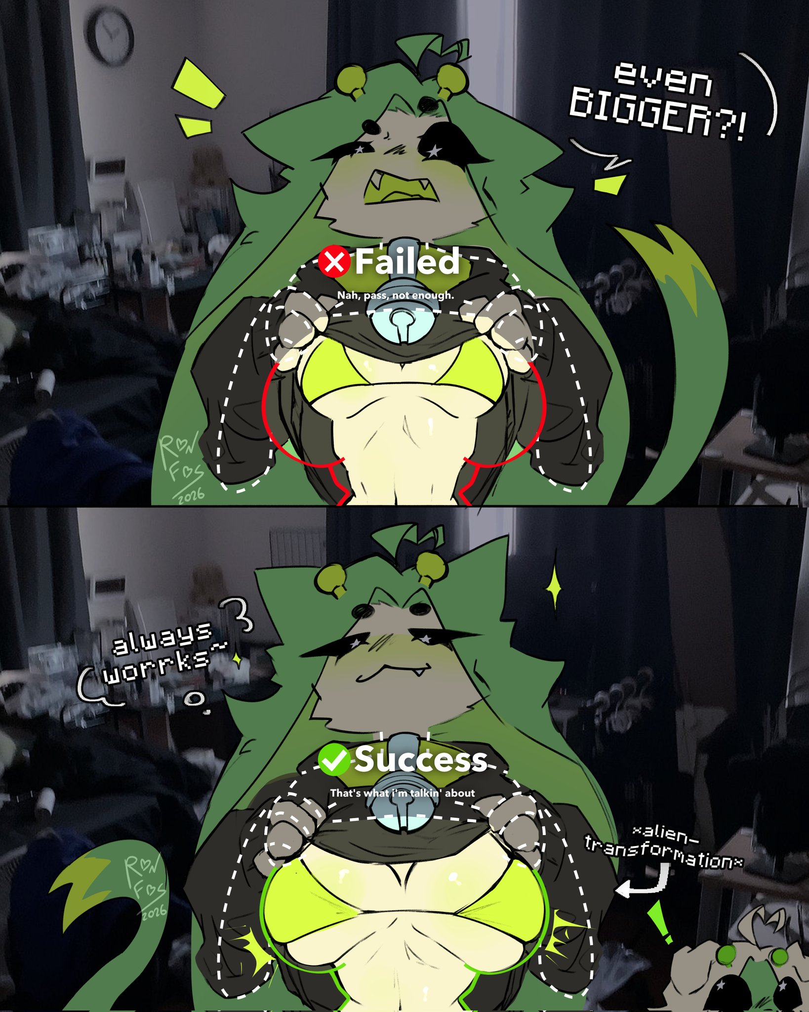 alien, alien girl, annie(ronfos), annoyed, antennae (anatomy), bell, bikini top, black sclera, blush, breast expansion, breasts, fangs, fosterron87, green hair, green skin, hoodie, hoodie lift, large breasts, lewd security verification, original, original character, ronfos, smile, smug, speech bubble, tagme, tail, text, trend, white eyes