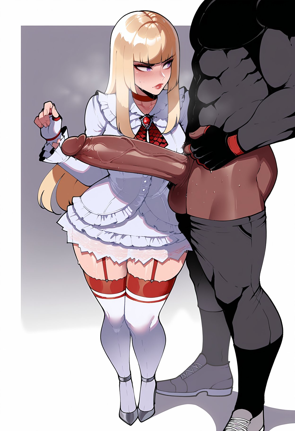 1boy, 1girl, abs, ai generated, blonde hair, blunt bangs, blush, breasts, bunnyart02, choker, clothing, dark penis, dark skin, dark-skinned male, dress, emilie de rochefort, erection, female, fingerless gloves, frilled dress, frills, full body, garter straps, gloves, head out of frame, hetero, high heels, hime cut, huge penis, interracial, large penis, legwear, long hair, long sleeves, looking at penis, makeup, male, male pubic hair, muscular, muscular male, neckerchief, pants, penis, penis awe, pubic hair, purple eyes, qos, raceplay, red choker, shoes, sneakers, solo focus, standing, steaming body, sweat, tekken, tekken 7, tekken 8, testicles, thick thighs, thighhighs, thighs, veins, veiny penis, very dark skin, white dress, white footwear, white gloves, white thighhighs, wide hips