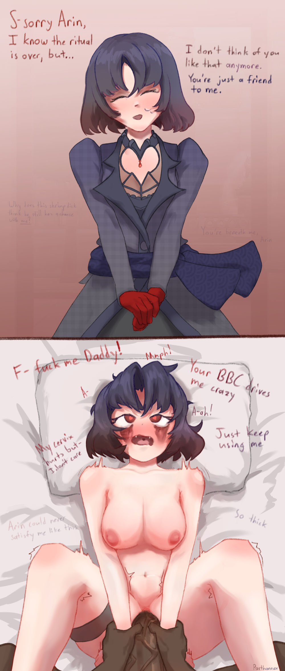1boy, 1girl, 2koma, ahegao, bed, blushing, bob cut, clothing, comic, completely nude, cuckold, dark hair, dark-skinned male, deadlock, dialogue, dress, heart-shaped pupils, highres, large penis, light-skinned female, looking pleasured, male pov, mascara tears, medium breasts, messy hair, mina (deadlock), mina ha, missionary position, motion lines, netorare, ntr, parthannax, red eyes, red gloves, simple background, text, vaginal sex, valve, vampire, vampire girl