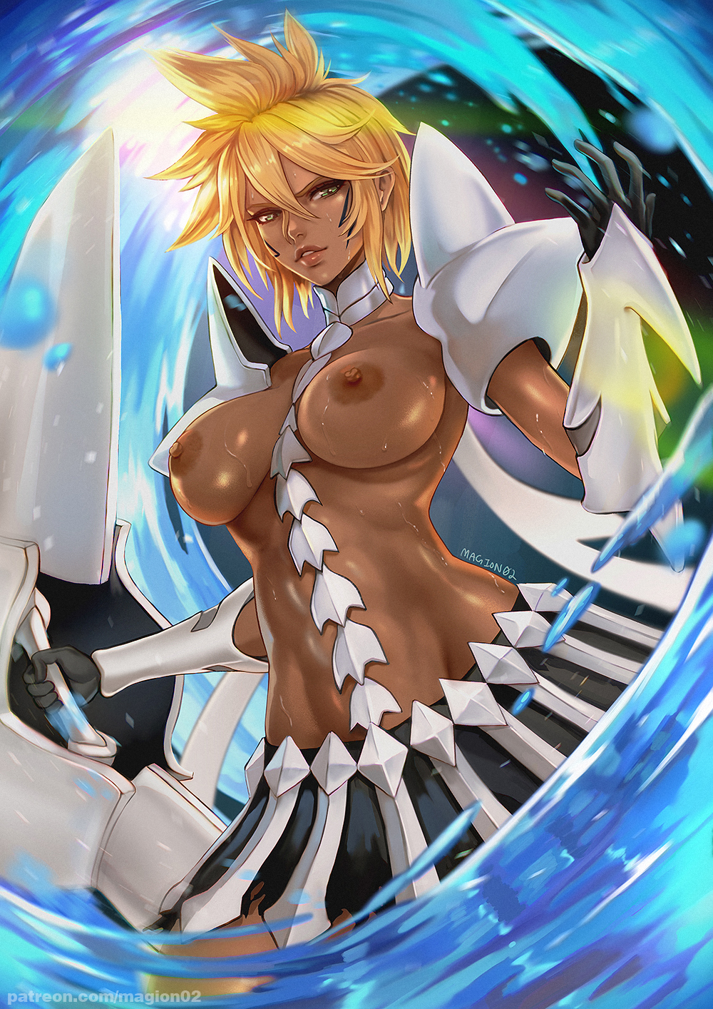 armor bleach blonde_hair breasts dark-skinned_female female green_eyes looking_at_viewer magion02 solo_female spiky_hair tia_harribel water wet wet_skin