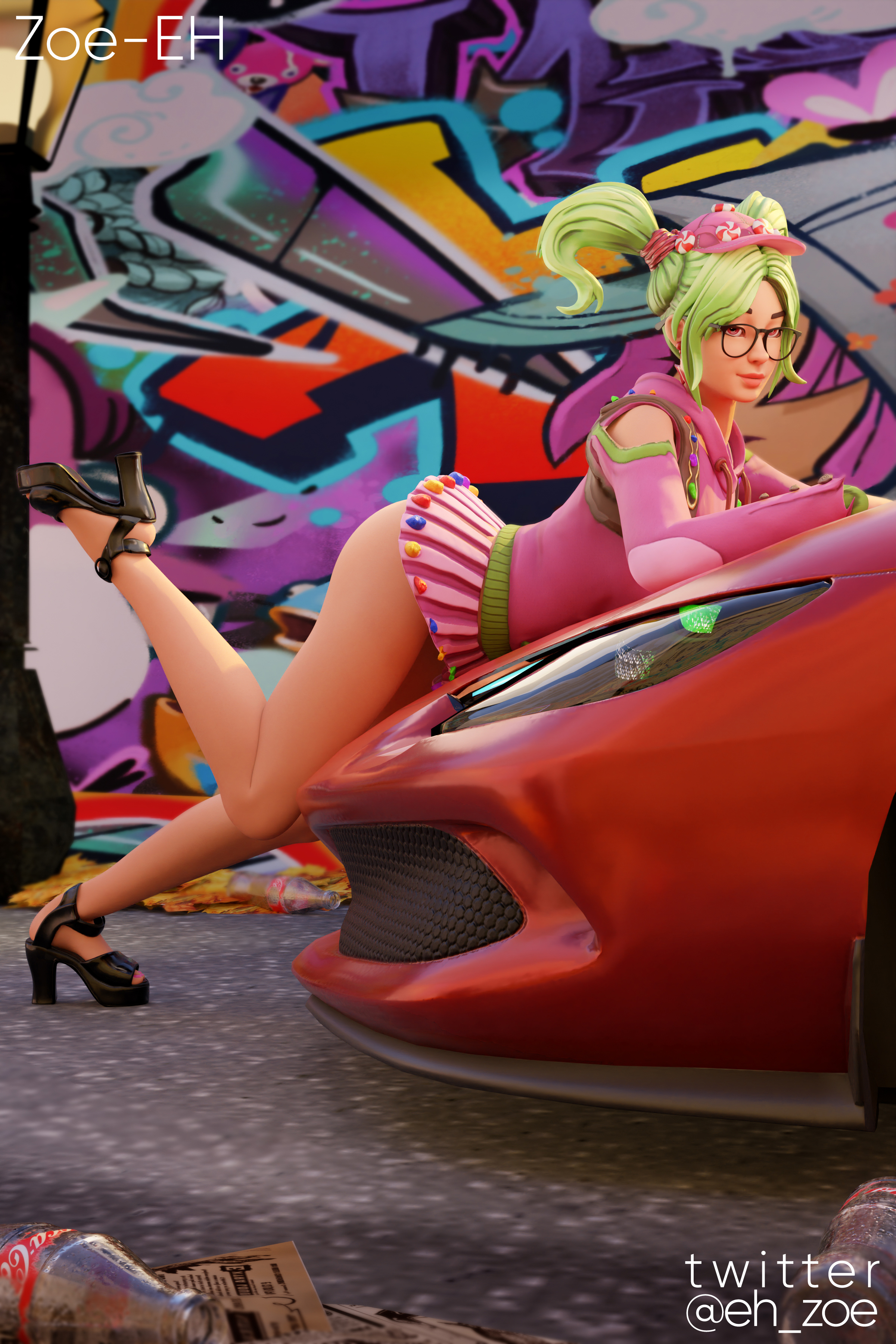1girls, 3d, ass, bottomless skirt, car, female, fortnite, fortnite: battle royale, green eyes, green hair, sfm, tagme, zoe-eh, zoey (fortnite)