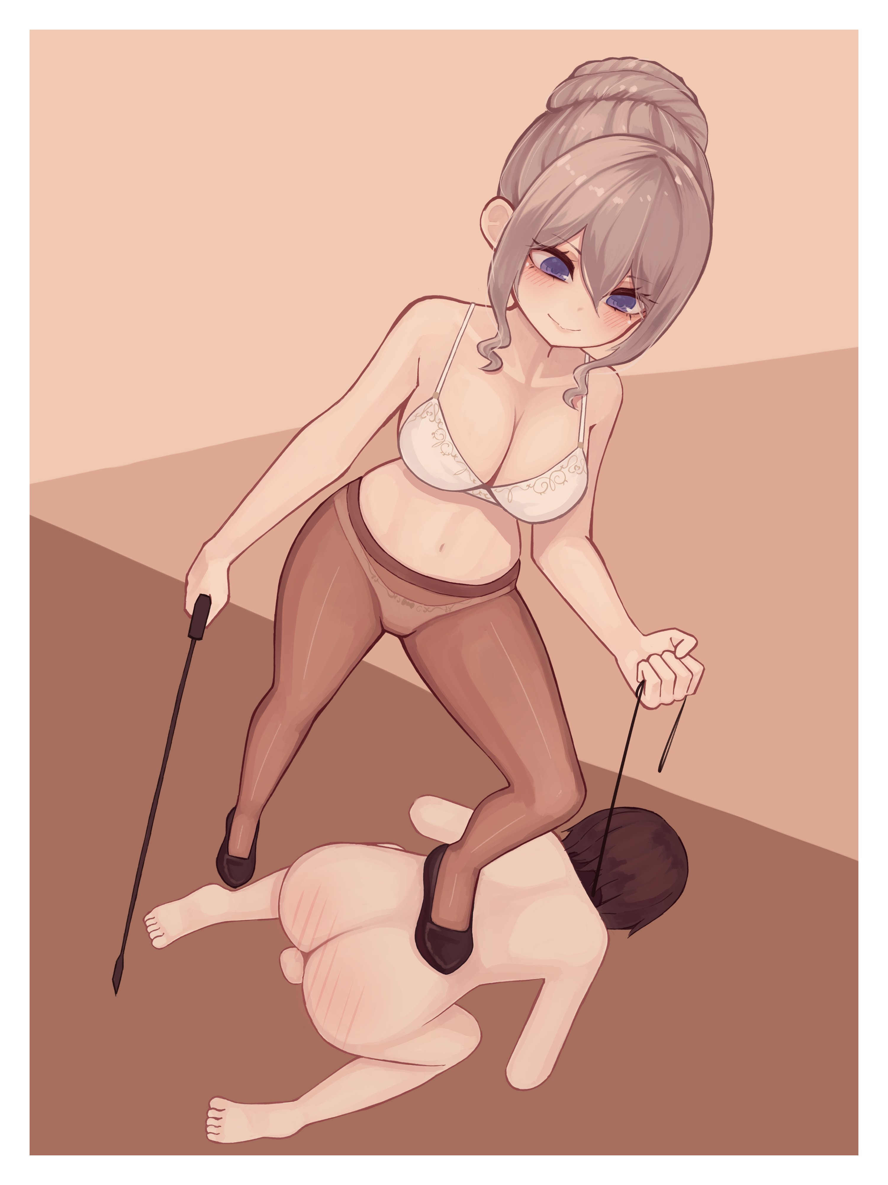 1boy, 1girls, all fours, balls, bikini, boobs, breasts, completely nude, completely nude male, eyebrows visible through hair, female, female on top, femdom, hair between eyes, hourglass figure, kikiu bd, leash, leash and collar, leashed collar, leashed male, male on bottom, navel, nude, nude male, pantyhose, spank marks, spanked, spanked ass, spanked butt, spanking, spanking ass, stepping on back, stepping on male, testicles, tits, whip, whip marks, white bikini, woman, woman on top