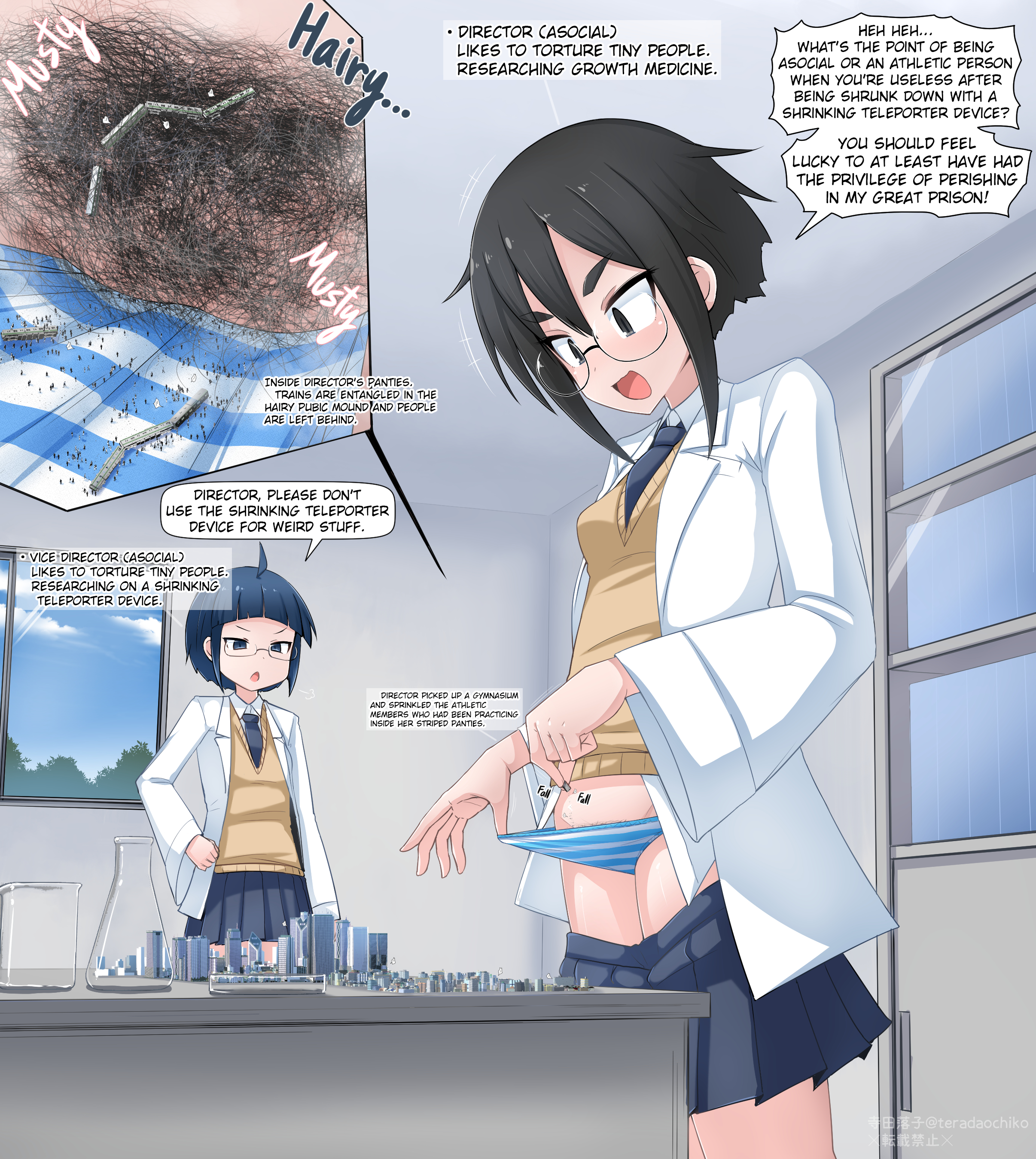 city, city destruction, cruelty, fair skin, giantess, inside panties, laboratory, laboratory equipment, laboratory flask, macro, micro, microscopic, musty, ochiko terada, panties, pubic hair, pulled down clothes, pulled down skirt, pulling panties, sadism, science, science experiment, science lab, short hair, shrink, shrunk, shrunken, small breasts, smell, terada ochiko, tinies, tiny