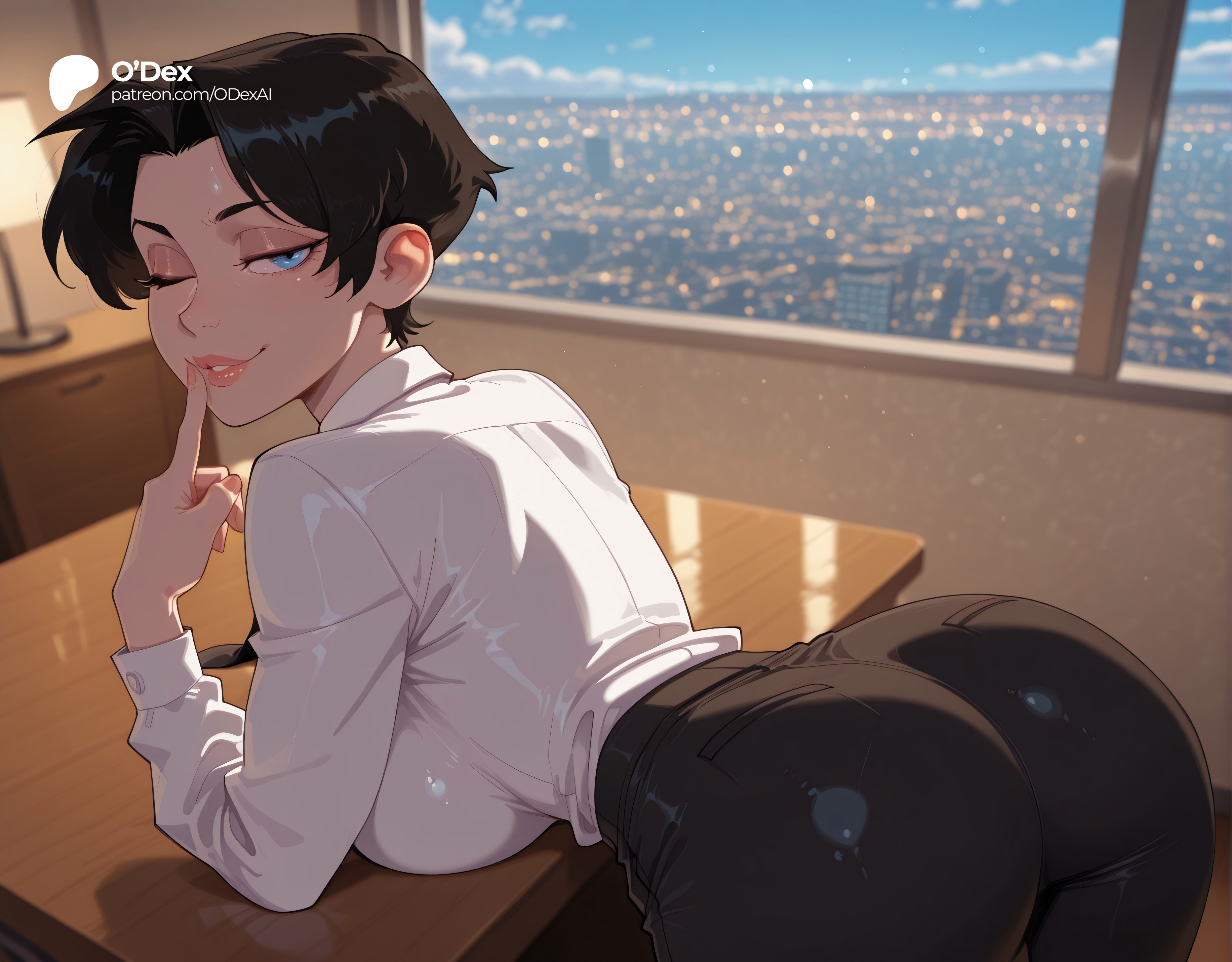1girl, 1girls, absurd res, absurdres, ai generated, anissa, ass, bent over, big ass, big breasts, black hair, black pants, blue eyes, blurred background, blurry background, breasts, cartoon, cartoony, cityscape, collared shirt, day, depth of field, desk, female, female focus, finger to mouth, from behind, hi res, high quality, high resolution, highres, index finger raised, indoors, invincible, large ass, large breasts, lips, long sleeves, looking at viewer, looking back, odexai, one eye closed, pants, pantylines, shirt, short hair, shushing, sky, small waist, smile, solo, solo focus, straight, thick thighs, thin waist, tight clothes, white shirt, wide hips, window