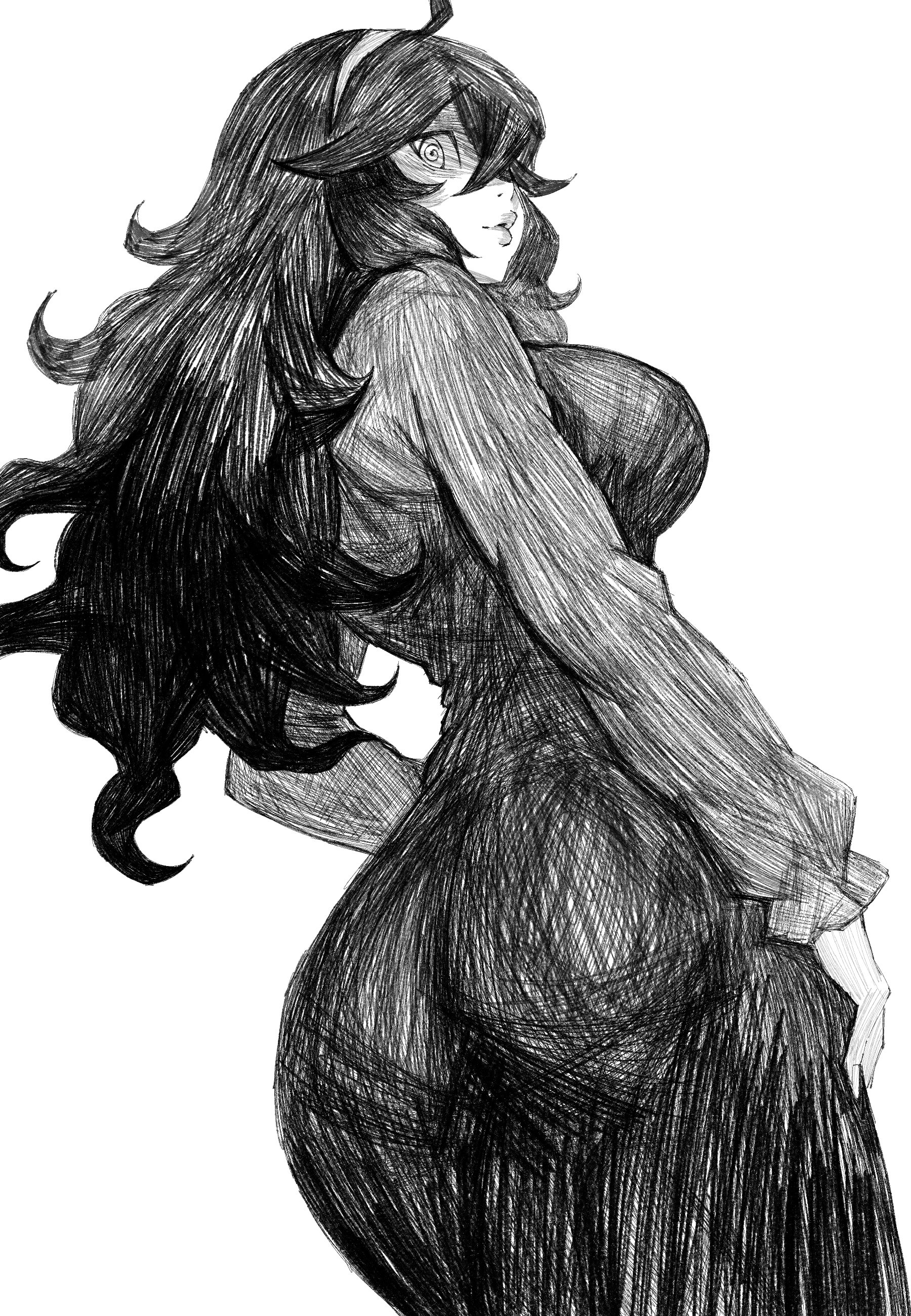 ass, ass focus, back view, breasts, dress, hand on hip, headgear, hex mamaniac, hex maniac, long hair, looking at viewer, looking back, monochrome, pokemon, sideboob, slim waist, swirly eyes, tagme, thick thighs, tight clothing, viewed from behind, voluptuous, wide hips