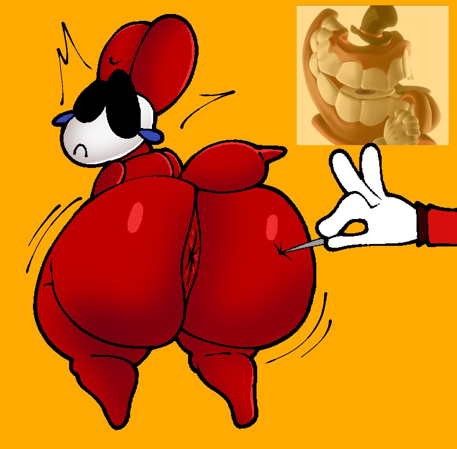1boy, 1girl, animal ears, animal tail, anus, anus peek, ass, ass focus, ass shine, balloon, balloon animal, balloon ears, big ass, big ass (female), big butt, big butt (female), black eyes, butt, butt focus, caine (tadc), caine (the amazing digital circus), female, female focus, gangle (tadc), gangle (the amazing digital circus), glitch productions, gooseworx, looking back, looking back at partner, looking back at viewer, lucaslora, needle, nervous, nervous look, red body, scared, scared expression, shake lines, tadc, tail, teardrop facial mark, the amazing digital circus, thick, thick ass, thick legs, thick thighs, white face, white mask, yellow background