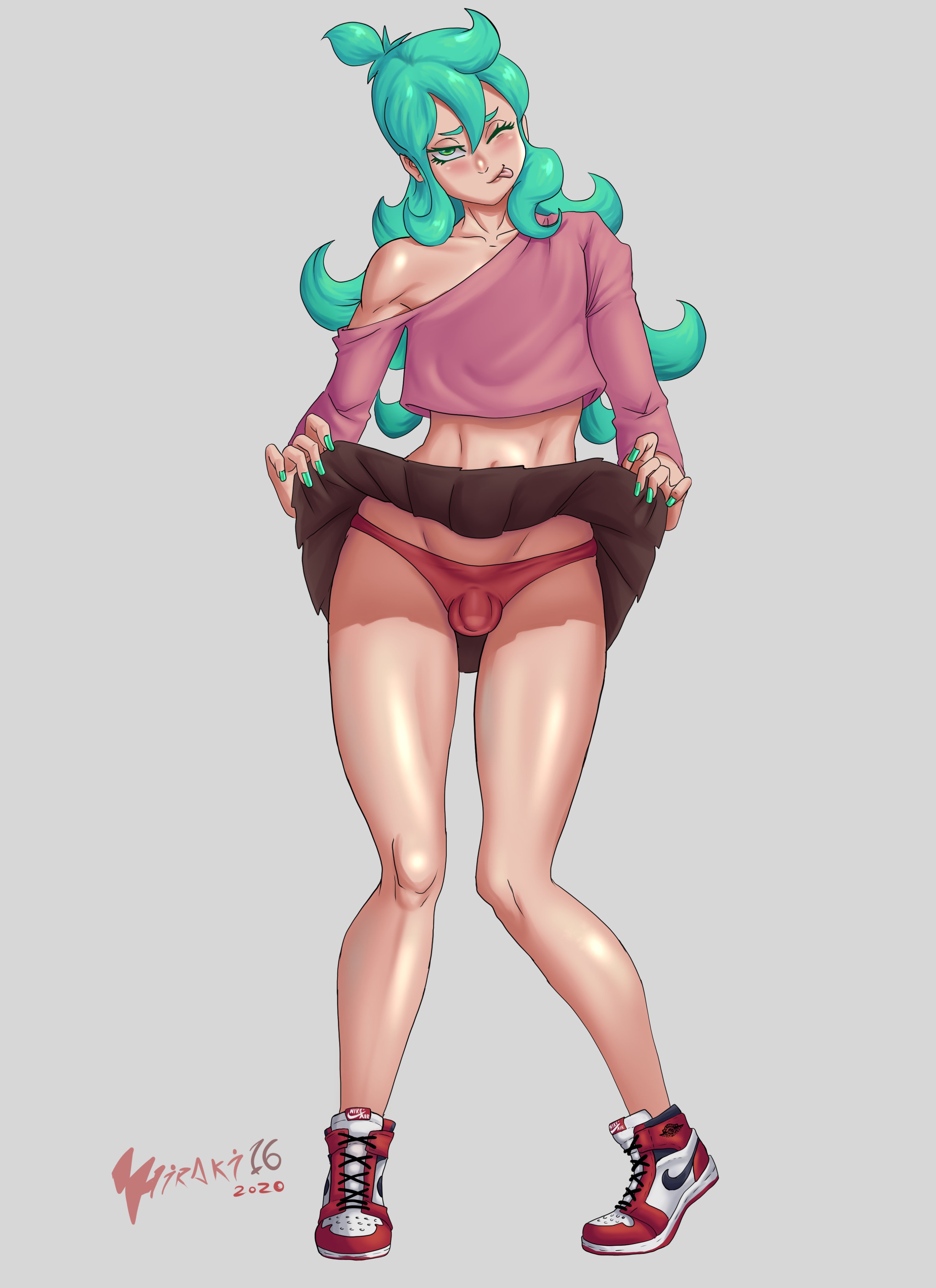 :p, 1boy, absurdres, androgynous, aqua hair, aqua nails, balls, blush, bulge, crossdressing, eyelashes, femboy, flaccid, head tilt, highres, hirakiart, long hair, male, midriff, miniskirt, nail polish, off shoulder, original, penis, simple background, skirt, skirt lift, smile, sneakers, solo, standing, testicles, tongue, tongue out, trap, wink