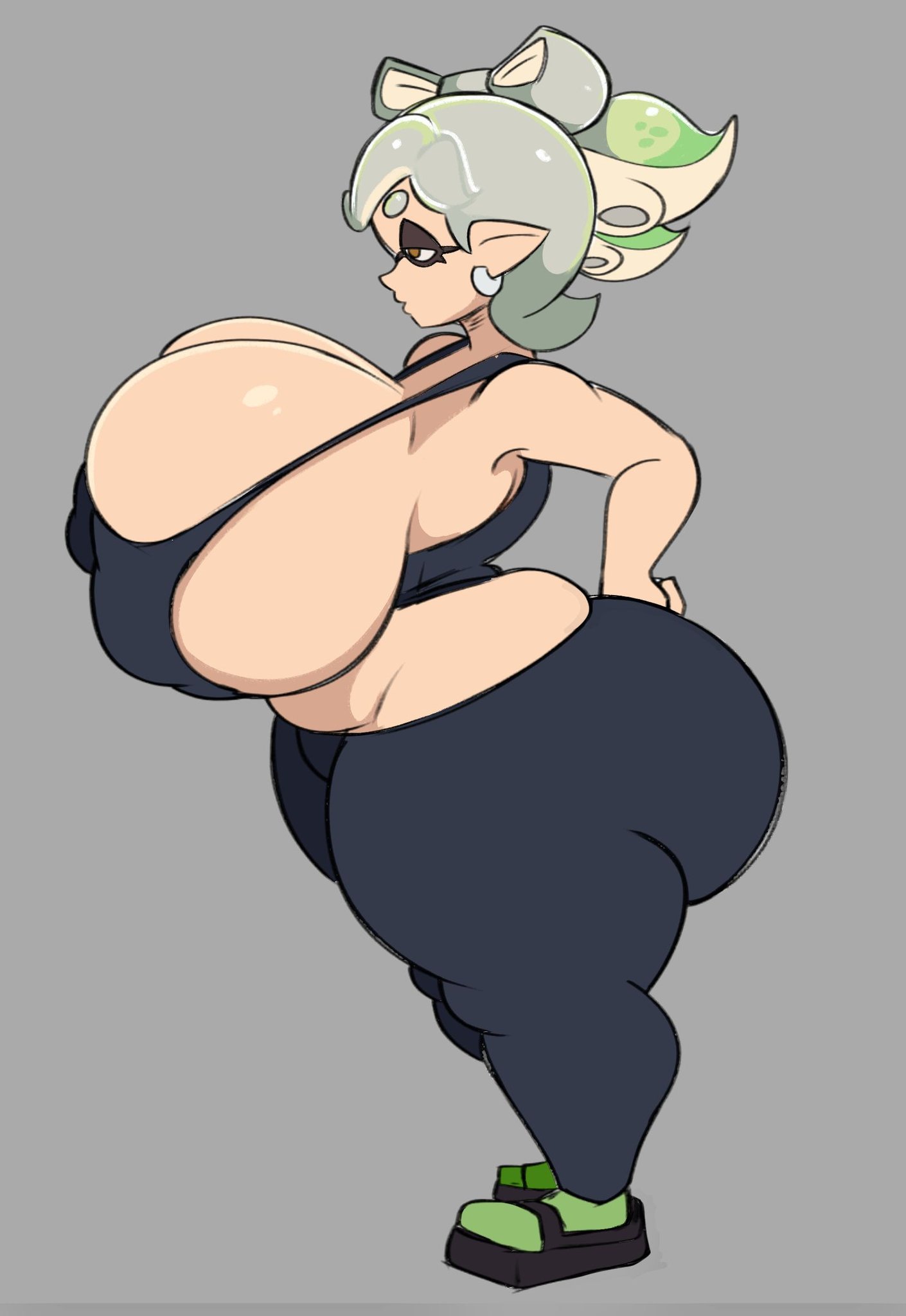 1girls, ass, big ass, big breasts, boobs, breasts, clothing, domino mask, earrings, fat ass, female, green hair, grey hair, huge boobs, huge breasts, inkling, inkling girl, lotxolt, marie (splatoon), pointed ears, pointy ears, pseudo hair, shortstack, sideboob, splatoon, tentacle hair, two-tone hair, white skin