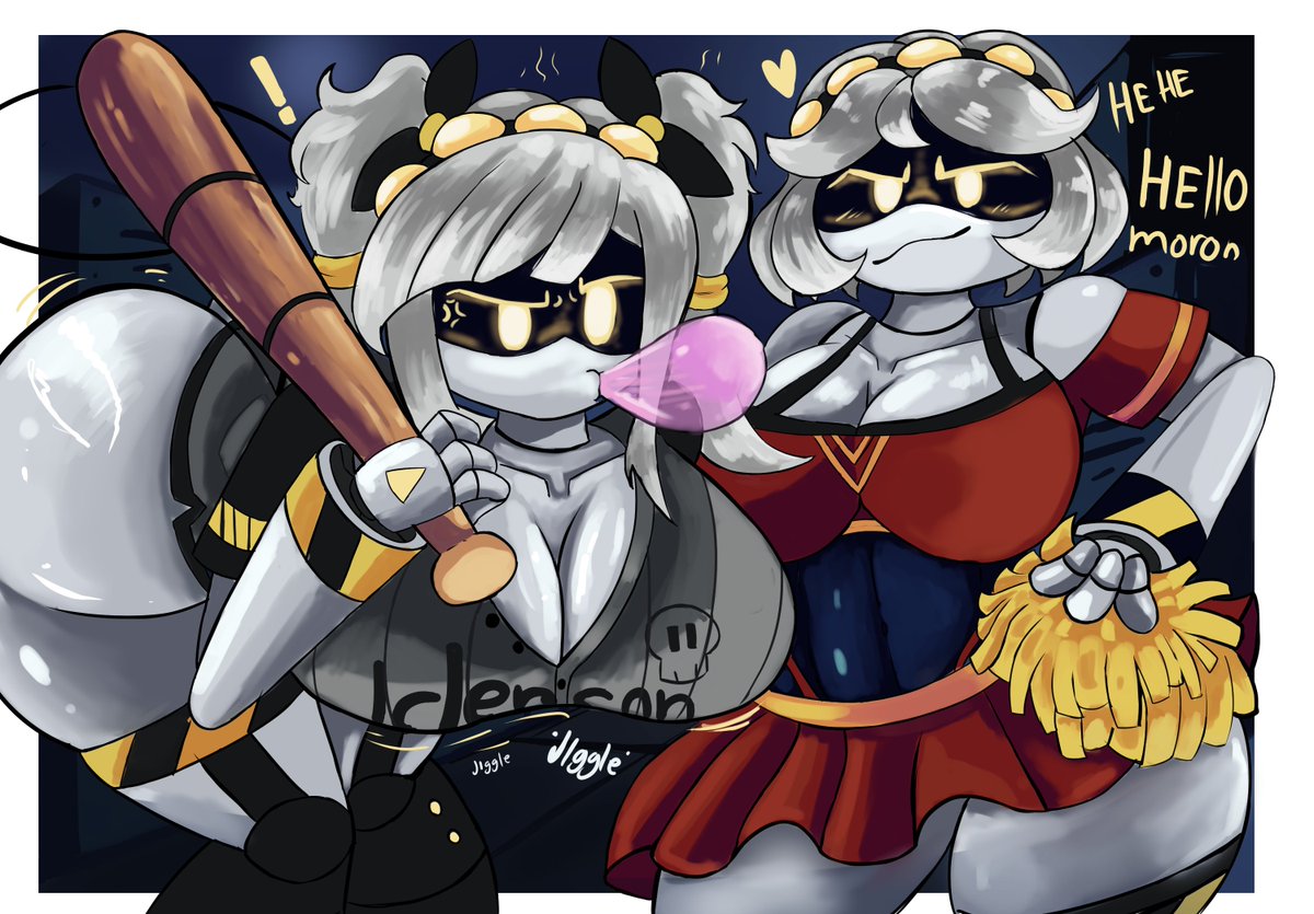 2girls, baseball bat, baseball uniform, bat, big boobs, bubble gum, cheerleader, confused expression, confused look, female, female focus, female only, green hair, grey shirt, hands on hips, j (murder drones), looking at viewer, murder drones, pom poms, red shirt, red skirt, robots, sexy, sexy clothing, skirt, smiling, smiling at viewer, tail, thisnotwiga, tung tung tung sahur, v (murder drones), yellow eyes