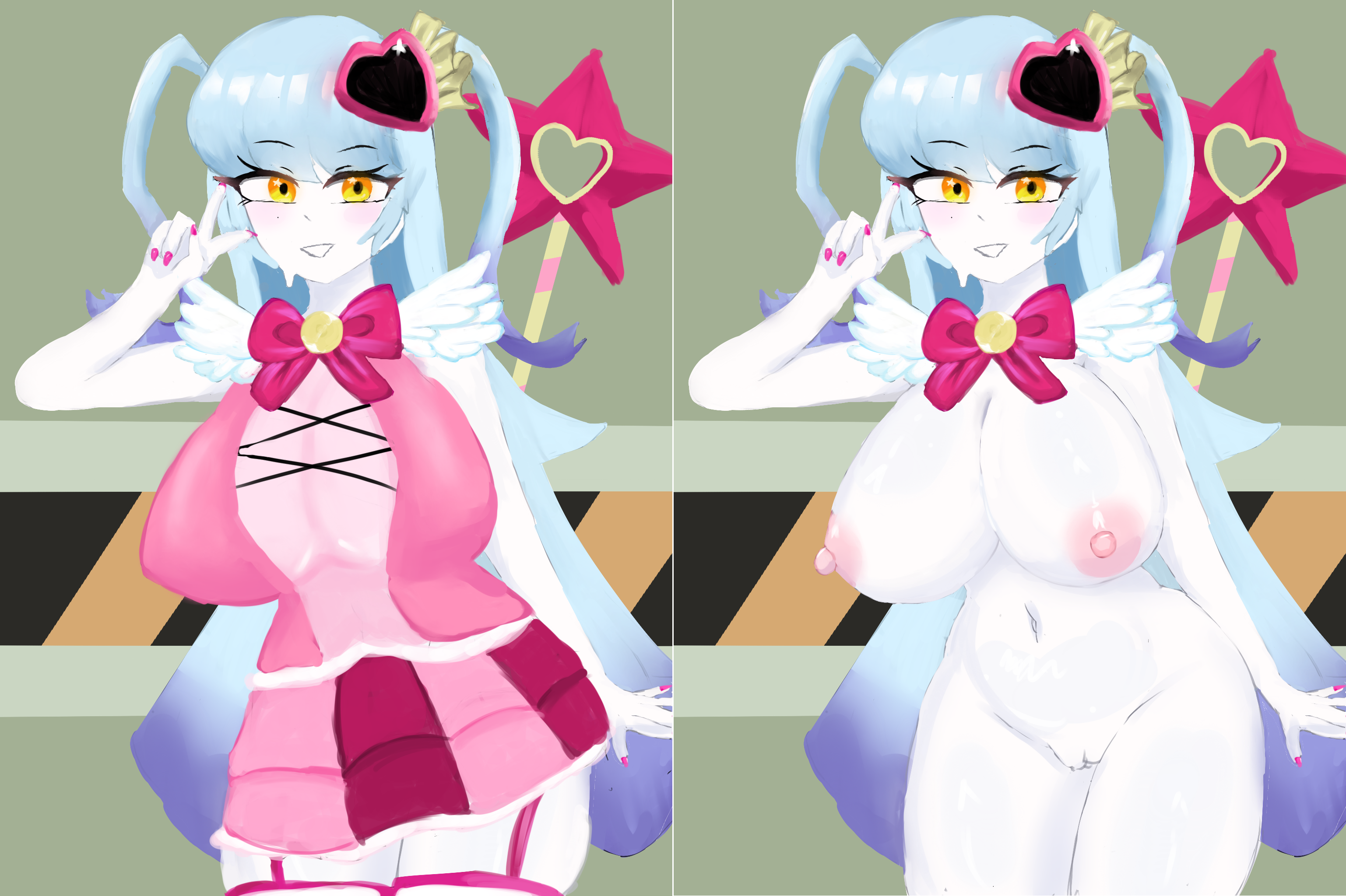 alternate version, ass, big breasts, blue hair, blush, blushing, blushing female, bow, bowtie, breasts, clothed, clothing, hair ornament, heart hair ornament, lobotomy corporation, looking at viewer, magic wand, magical girl, navel, nipples, nude, nude female, pale skin, pale-skinned female, peace sign, project moon, pussy, queen of hatred, shiny skin, thick thighs, thighhighs, thighs, two-tone hair, white body, white skin, yellow eyes
