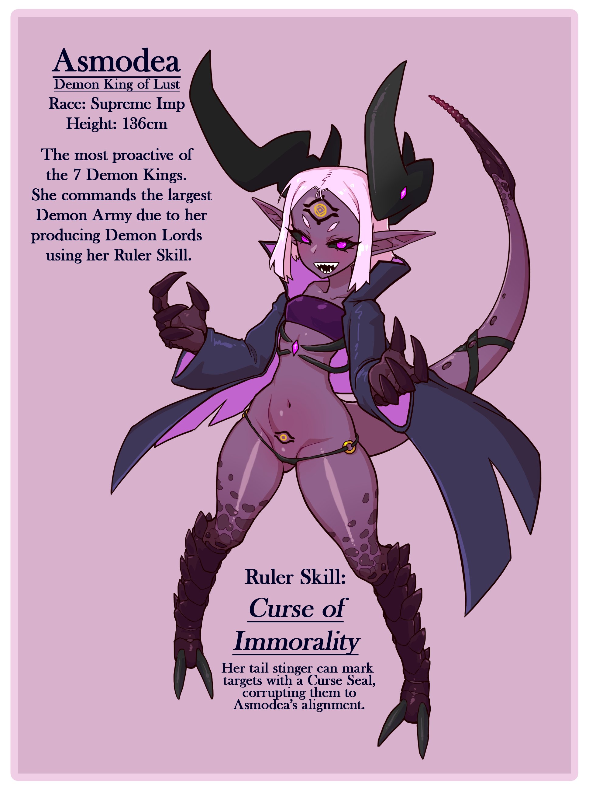 1girls, asmodea, black sclera, breasts, character name, character profile, clothed, clothing, demon, demon girl, female, female only, horns, humanoid, measurements, monster girl, mostly nude, open mouth, original, original character, panties, pubic tattoo, purple skin, sharp teeth, small breasts, solo, standing, tagme, tail, talons, thetenk, white hair