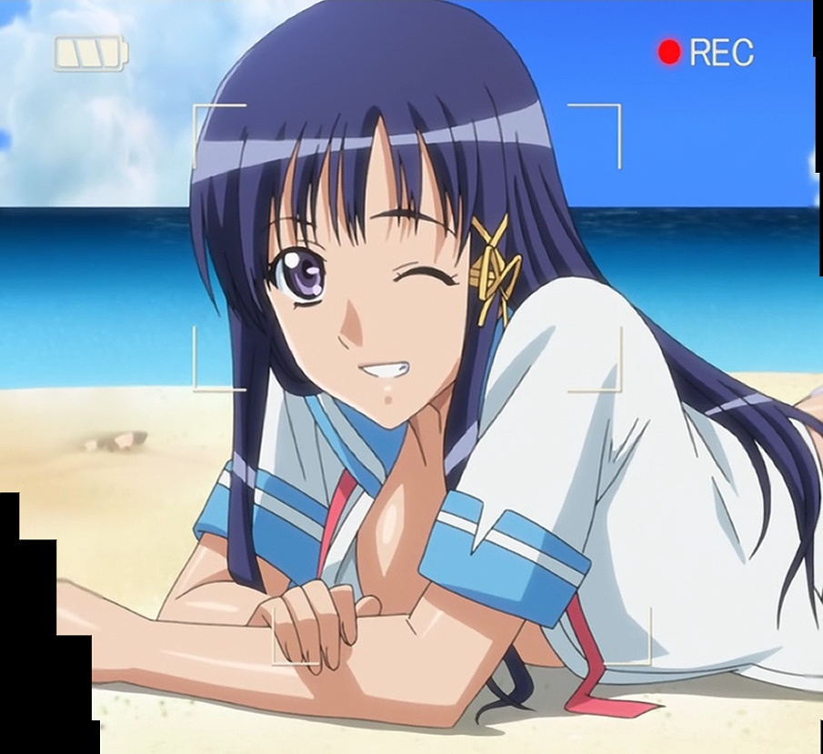 15_bishoujo_hyouryuuki 1girls blue_hair breasts close-up female female_only grin long_hair looking_at_viewer lying medium_breasts no_bra one_eye_closed open_shirt pose school_uniform screencap smile stitched wink yotsuya_kotoko