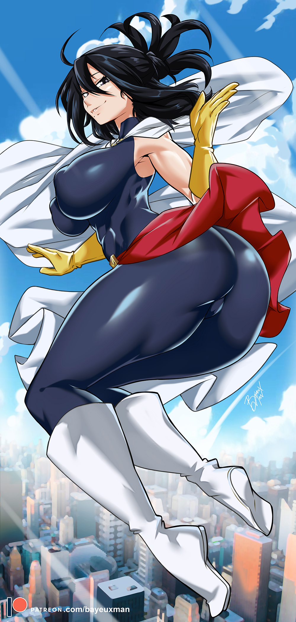 1girls, ass, bayeuxman, big ass, big butt, black hair, bodysuit, boots, breasts, eye contact, female, large ass, large breasts, leotard, long hair, looking at viewer, my hero academia, nana shimura, nipple bulge, skin tight, solo, thick ass, thick thighs, thighs, tight clothing