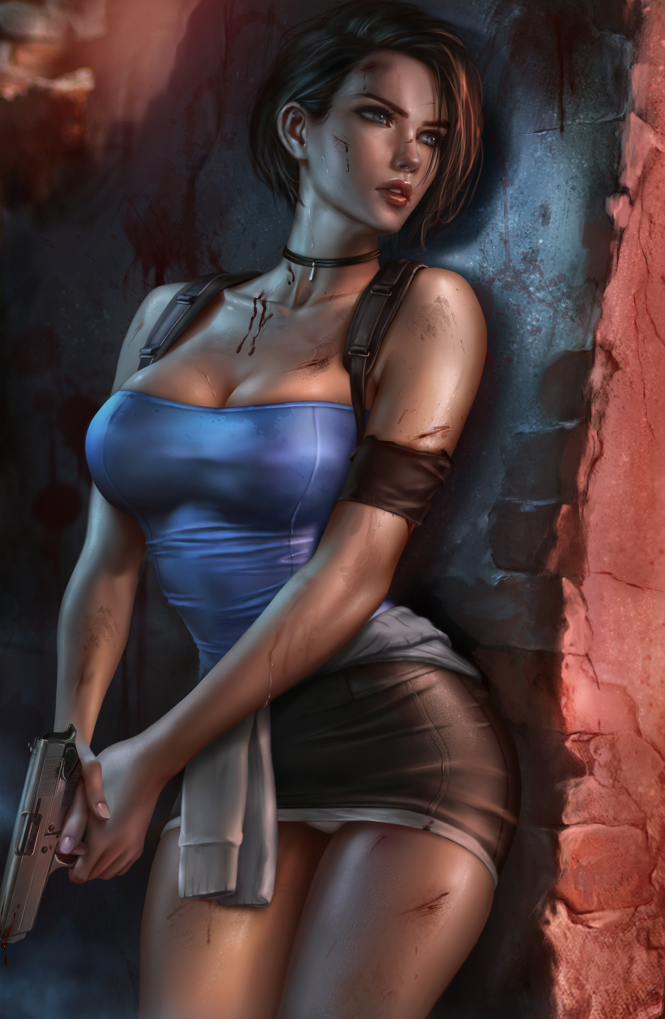 1girls, against wall, bare shoulders, big breasts, blood, blue eyes, breasts, brown hair, bruise, capcom, choker, cleavage, clothed, clothing, crop top, dirt, female, female focus, female only, firearm, fit, fit female, gun, gun holster, handgun, harness, holding gun, holding weapon, jill valentine, jill valentine (sasha zotova), logan cure, looking back, panties, panty peek, resident evil, resident evil 3, scars, short hair, skirt, solo, solo female, solo focus, sweater, sweater around waist, thighs, toned, toned female, tubetop, underwear, weapon