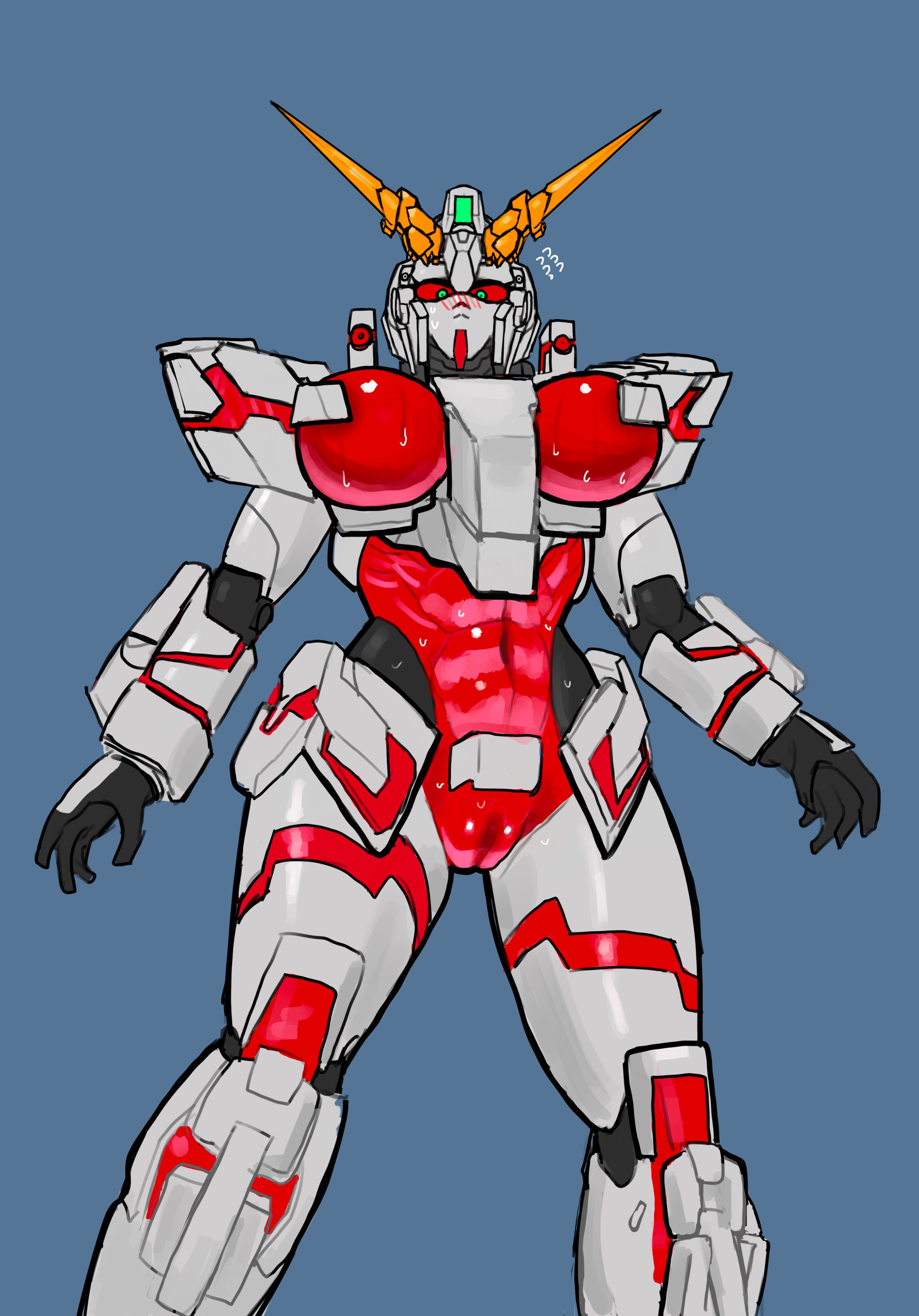 1girls, big breasts, breasts, earth federation, female, female only, green eyes, gundam, gundam unicorn, gynoid, humanoid, im51nn5, machine, mecha, mecha focus, mecha girl, mobile suit, pussy, red pussy, red sclera, robot, robot girl, rx-0 unicorn gundam, solo, solo female, sweat, thick thighs, vagina