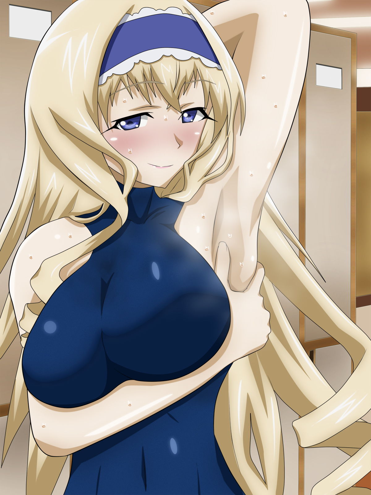 1girls, arm behind head, armpits, artist request, big breasts, blonde hair, blue eyes, blush, bodysuit, breasts, busty, cecilia alcott, curly hair, female, female only, hairbow, infinite stratos, large breasts, looking at viewer, naughty face, smell, smile, sweat