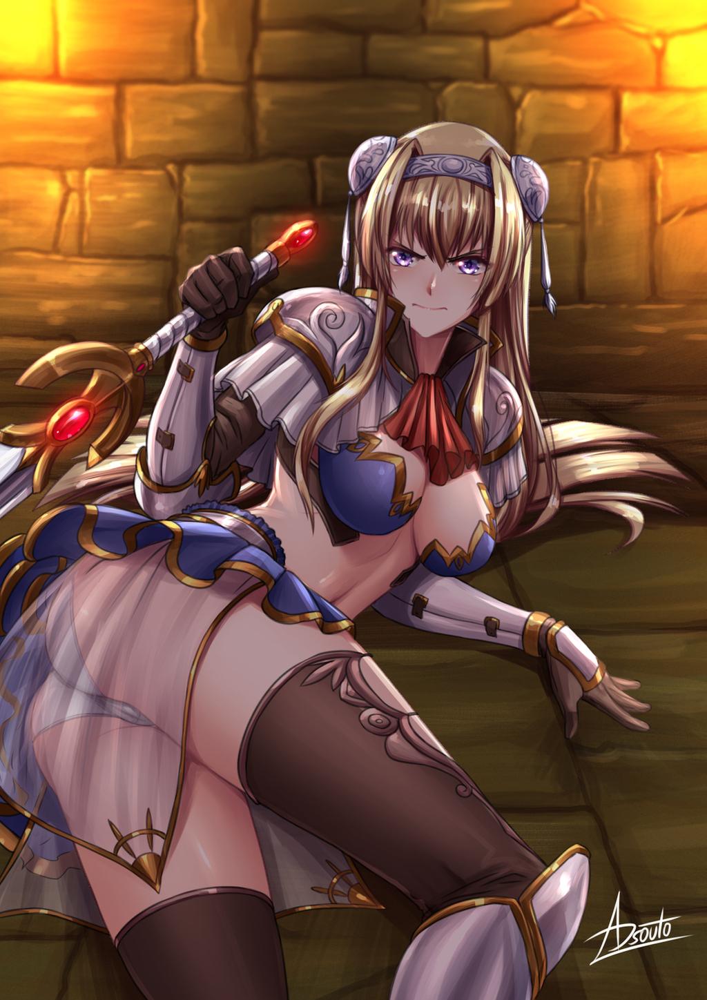 1girls, adsouto, alicia arcturus, angry, armor, ass, bikini armor, blonde hair, boots, breasts, cleavage, clothing, female, footwear, hi res, knee boots, knight, kuroinu ~kedakaki seijo wa hakudaku ni somaru~, large breasts, long hair, looking at viewer, lying, on side, pantsu, pauldron, purple eyes, revealing clothes, see-through, shoulder armor, sword, thighhighs, underwear, weapon, white panties, white underwear
