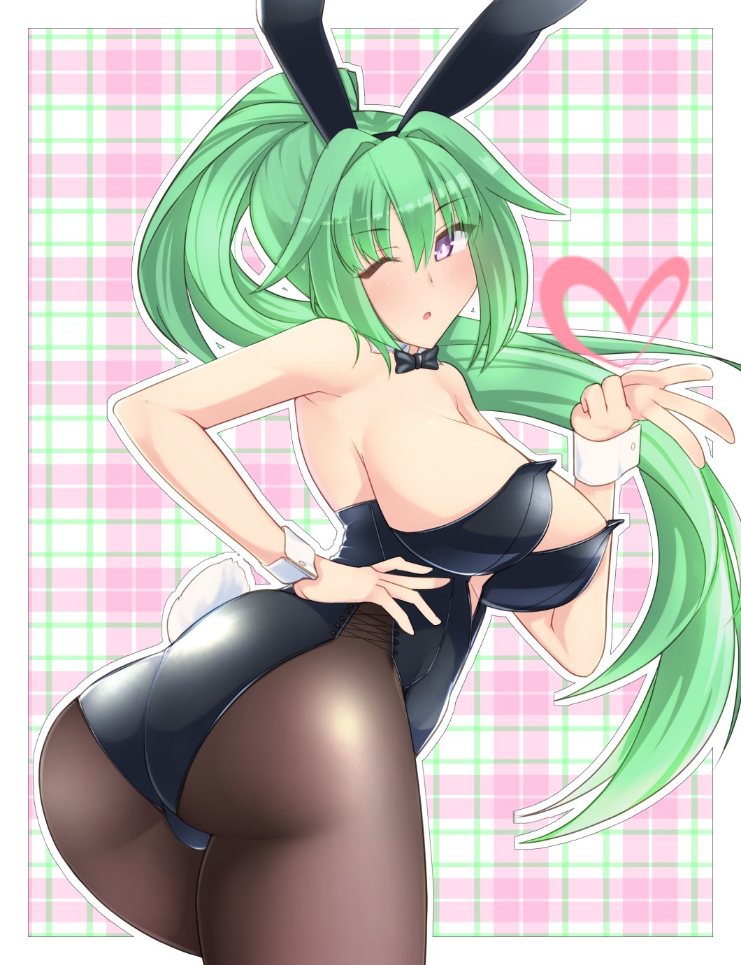1girls, ass, bent over, big breasts, blowing kiss, blush, breasts, bunny ears, bunnysuit, dura, female, female only, green hair, green heart, green heart (neptunia), hand on hip, heart, huge breasts, looking at viewer, looking back, neptunia (series), one eye closed, ponytail, vert