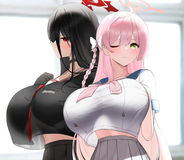 2girls belly black_hair blush breasts busty choker cleavage cute dark_hair enormous_breasts green_eyes grope_behind huge_breasts large_breasts massive_breasts multiple_girls nicorima one_eye_closed pigtails pink_hair red_eyes school_uniform schoolgirl small_clothes small_clothing thick thin thin_waist top_heavy twintails voluptuous