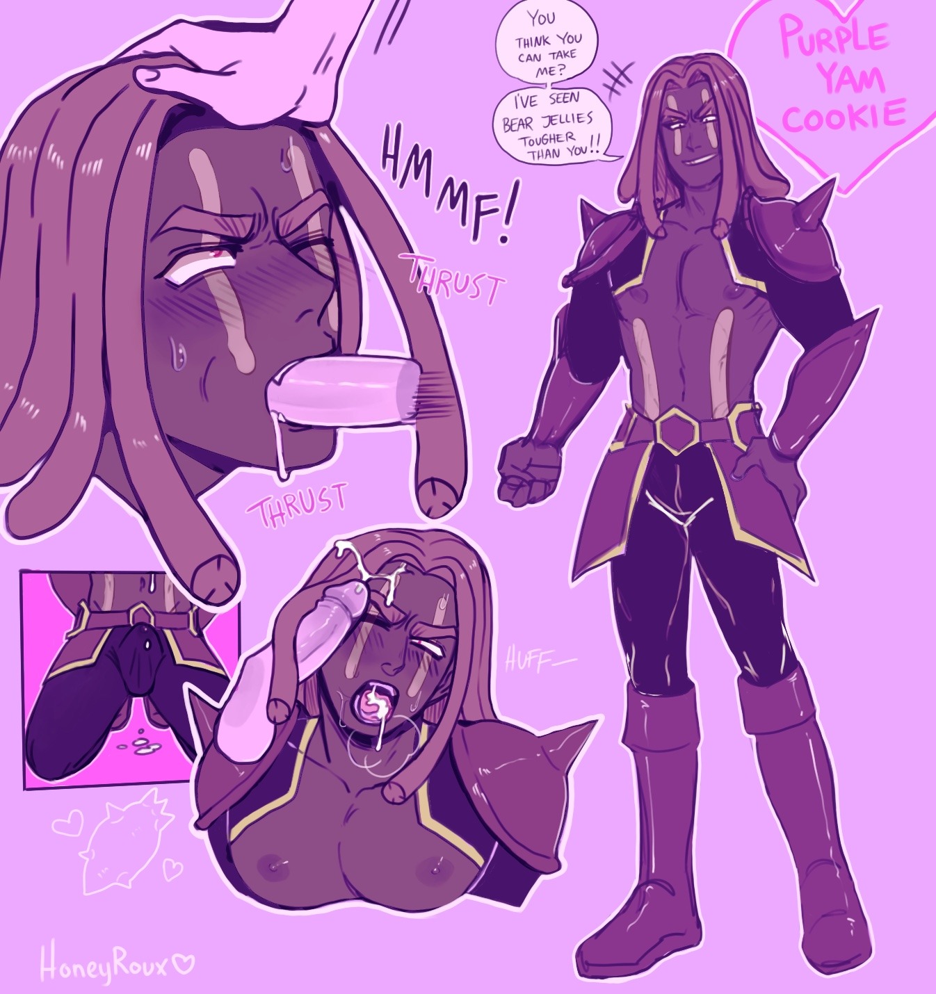 bara, blowjob, cookie run, cum in mouth, gay, honeyroux, male, male only, purple yam cookie, solo focus, yaoi