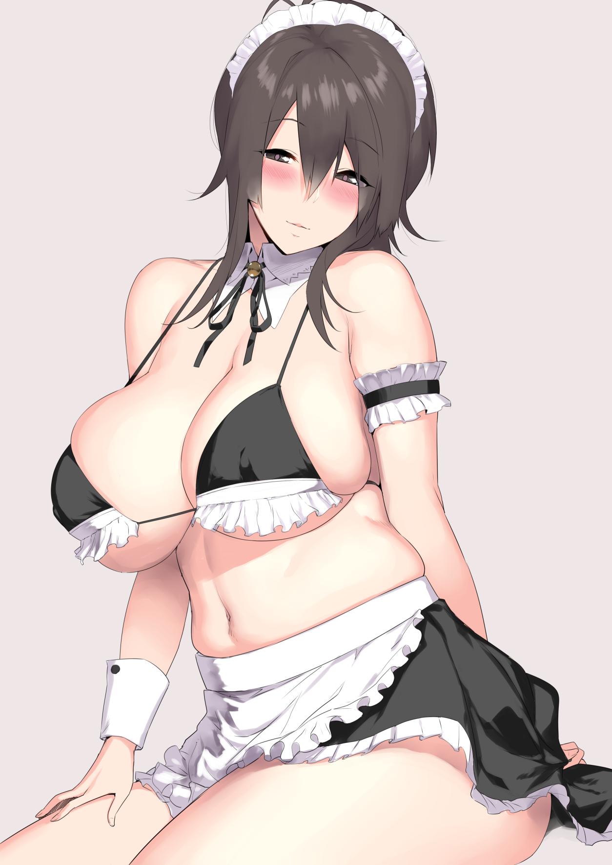 1girls, 2019, apron, arm behind back, bare shoulders, belly, big breasts, bikini, bikini top, blush, breasts, covered nipples, eyebrows visible through hair, eyelashes, female, female focus, female only, frilled bikini, frilled skirt, frills, hair between eyes, hakai shin, hand on own thigh, hand on thigh, huge breasts, looking at viewer, maid, maid apron, maid headdress, navel, nipple bulge, original, original character, simple background, sitting, solo, solo female, solo focus, thick thighs, thighs, white wrist cuffs, wrist cuffs